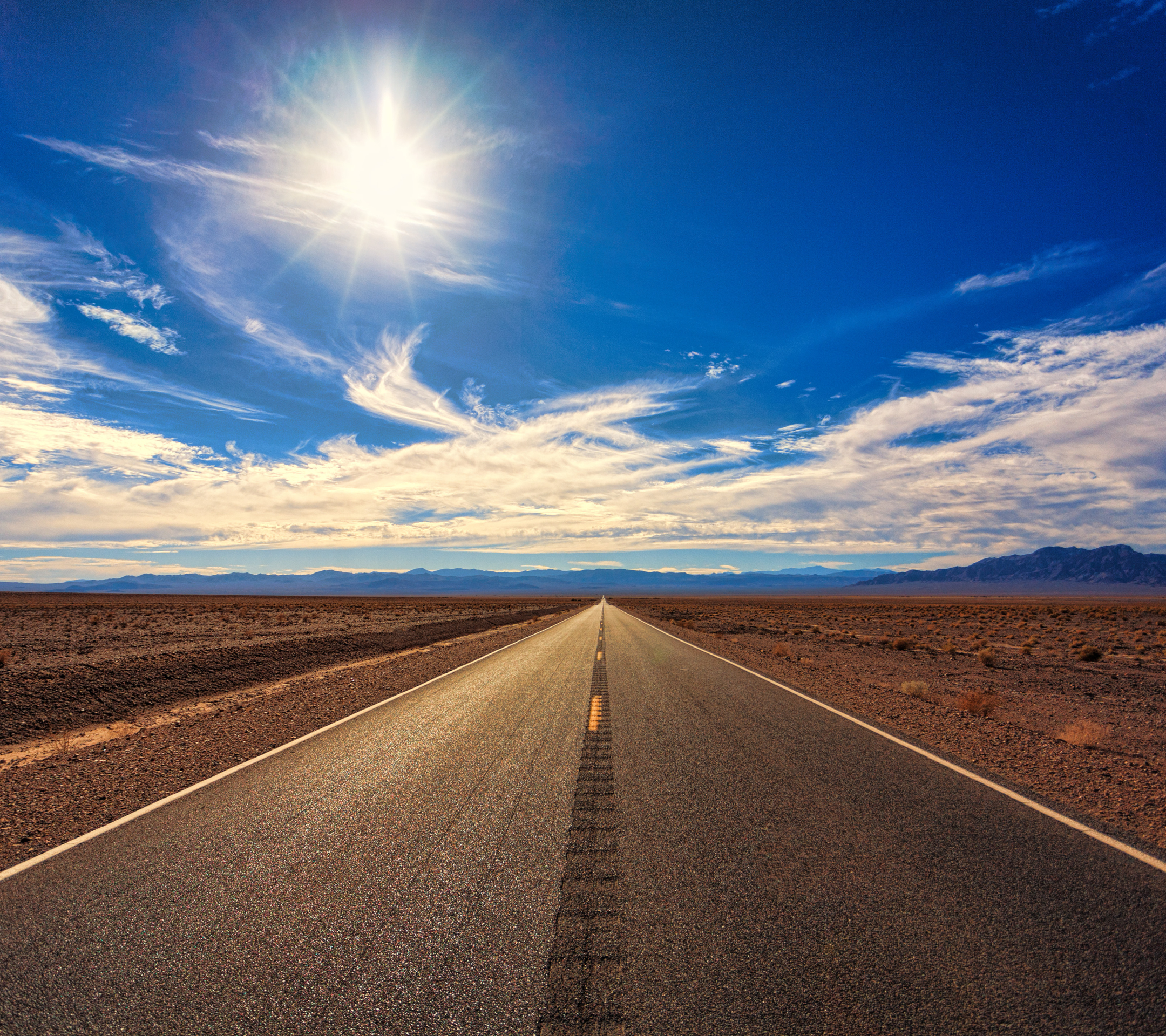 Download mobile wallpaper Landscape, Nature, Sky, Sun, Desert, Road, Man Made for free.