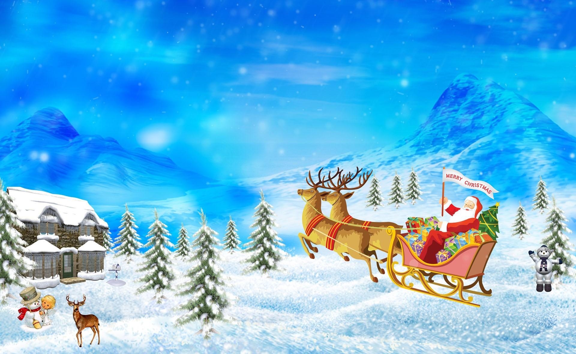 santa claus, presents, holidays, mountains, deers, christmas, holiday, house, sleigh, sledge, gifts