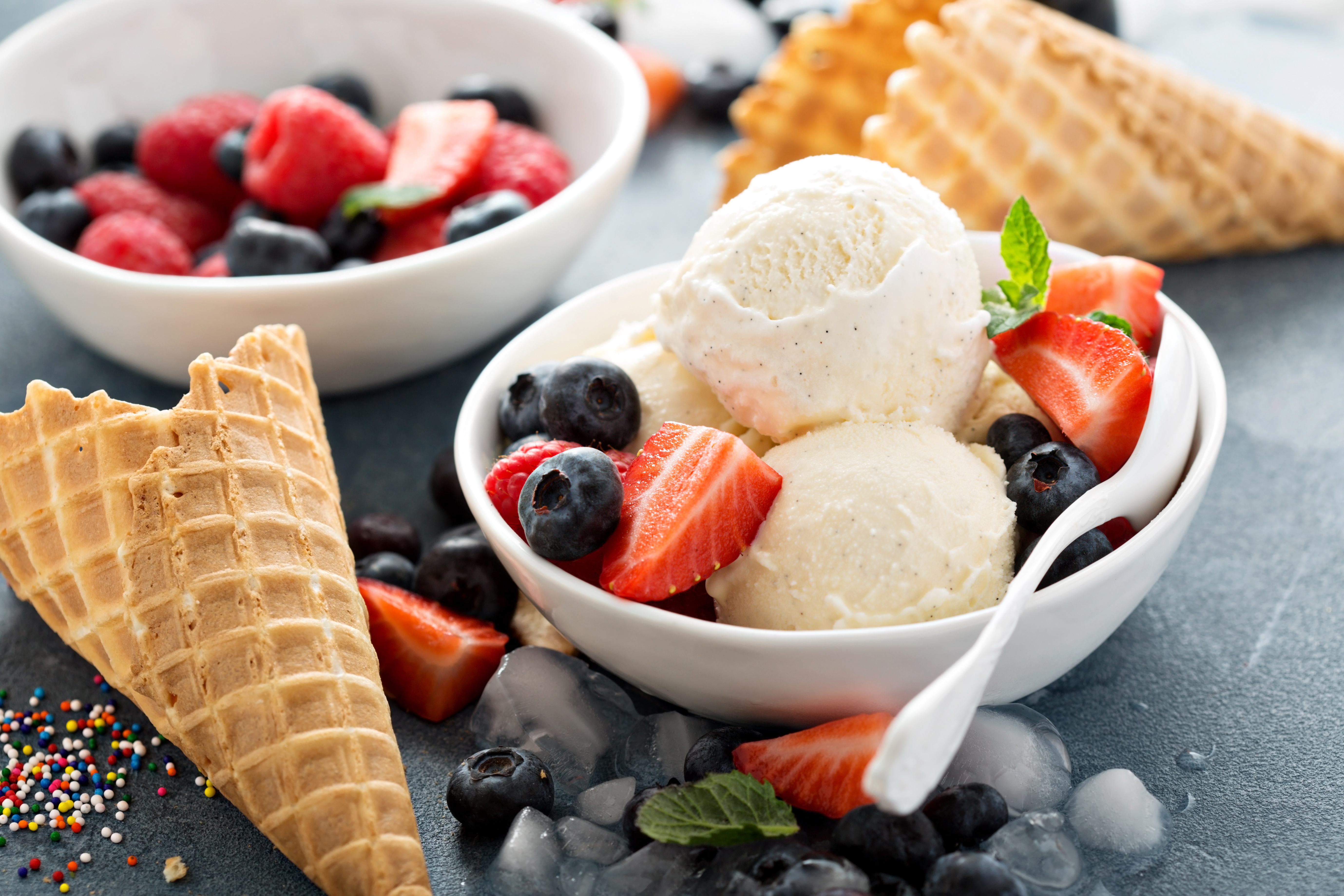 Free download wallpaper Food, Strawberry, Blueberry, Ice Cream, Still Life, Berry, Fruit, Waffle Cone on your PC desktop