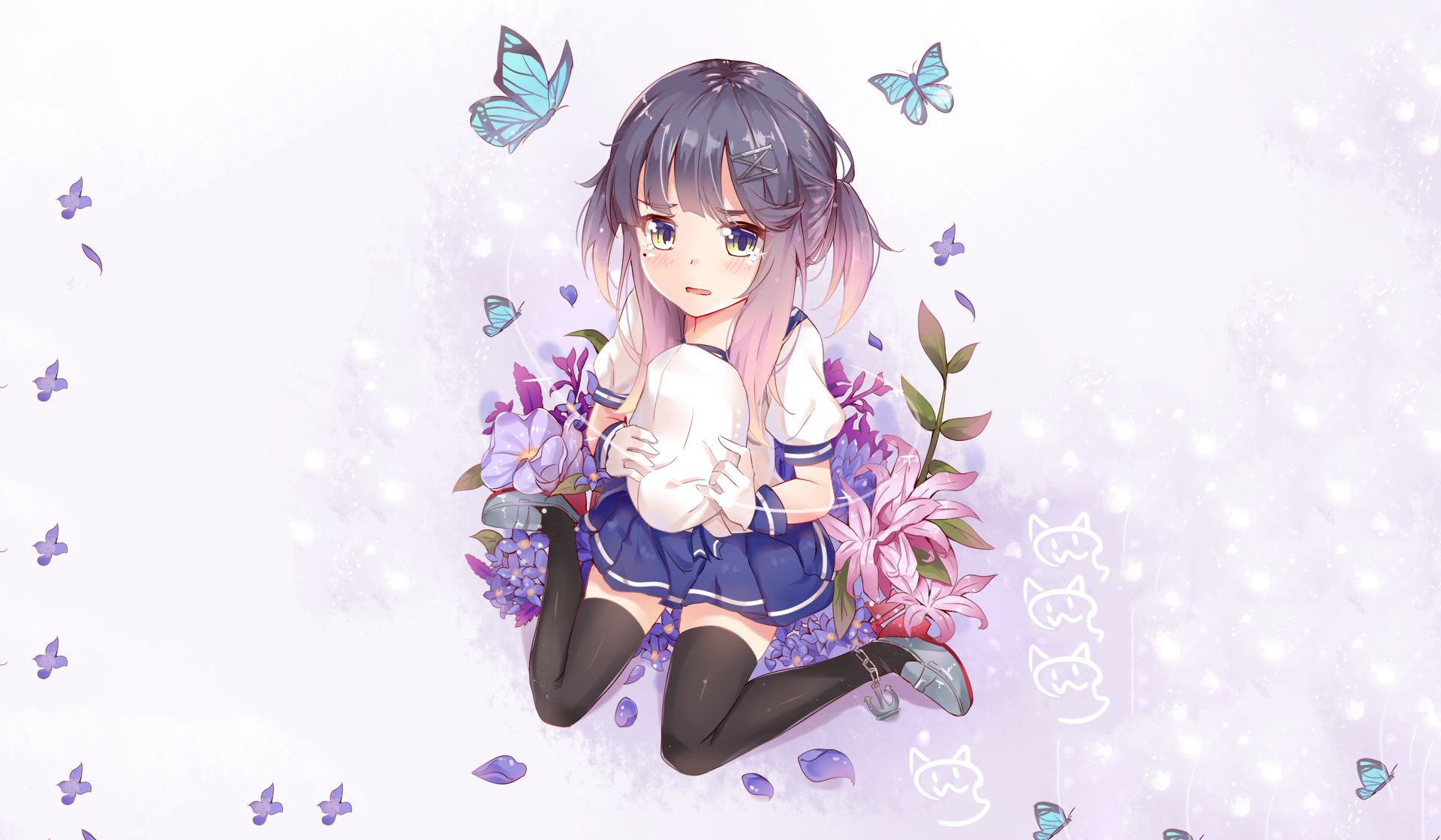 Download mobile wallpaper Anime, Flower, Butterfly, Schoolgirl, Original, School Uniform, Thigh Highs for free.