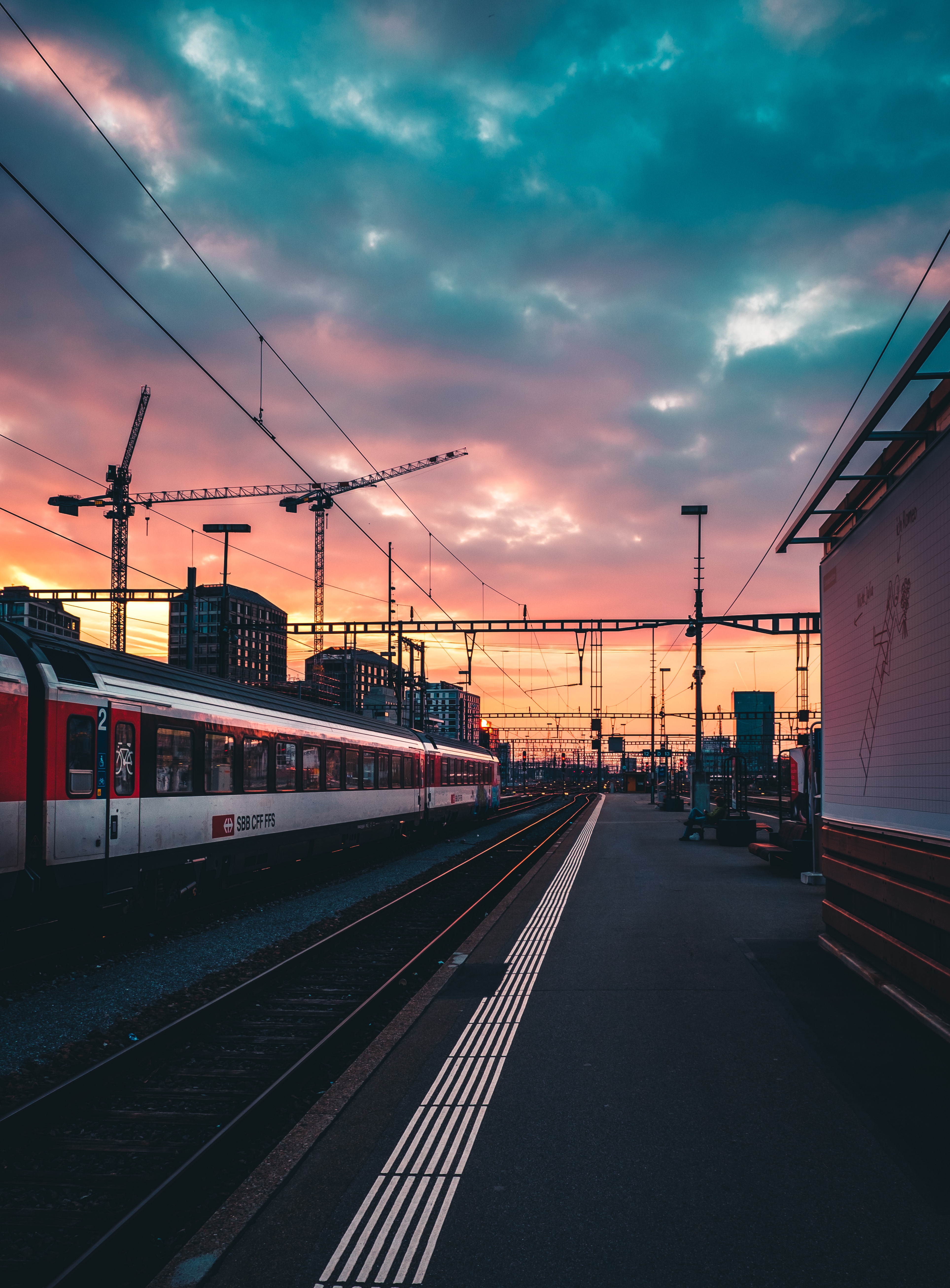 sunset, train, cities, railway, station, expectation, waiting