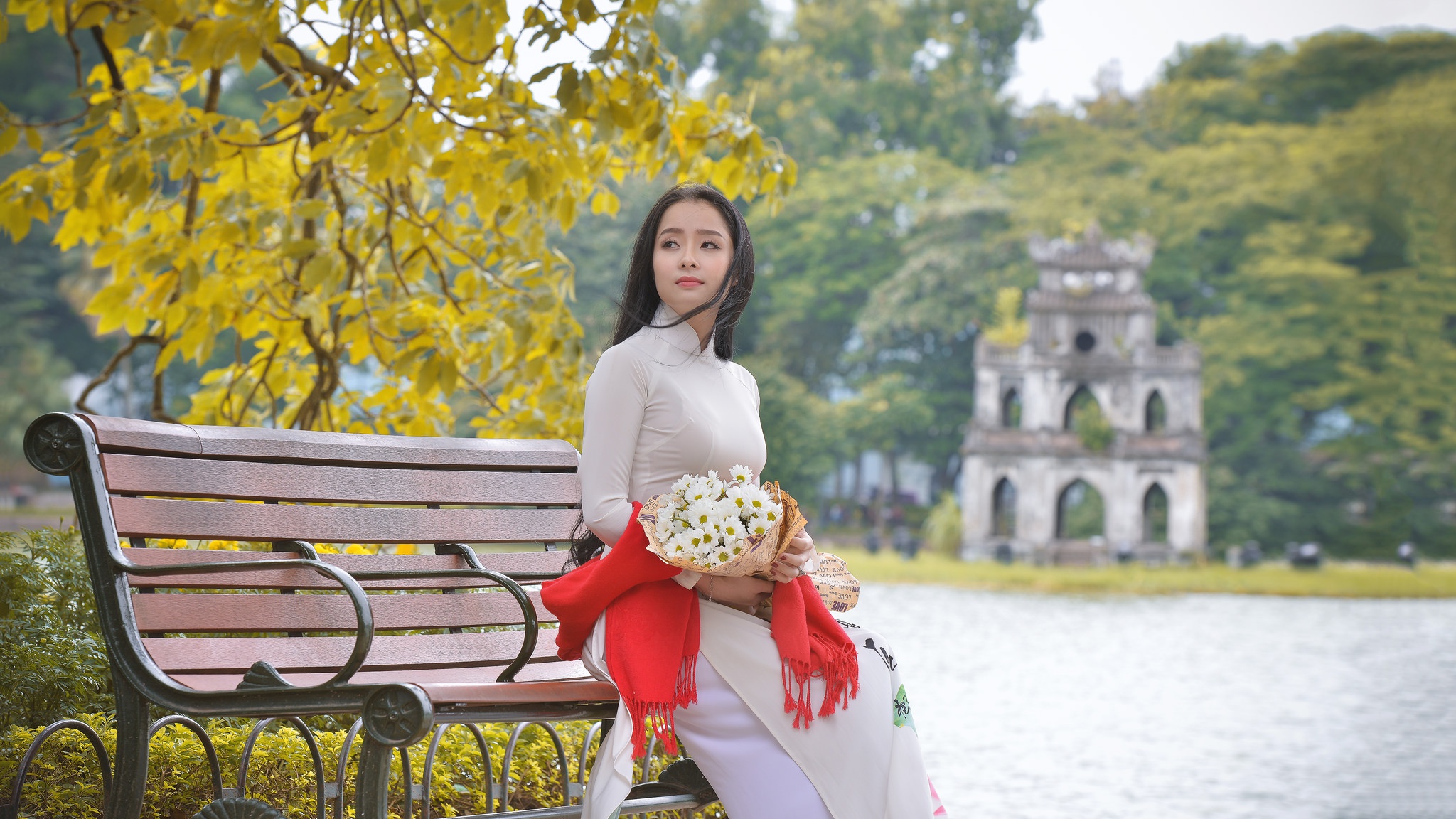 Download mobile wallpaper Bouquet, Bench, Brunette, Model, Women, Asian, Depth Of Field, Traditional Costume for free.