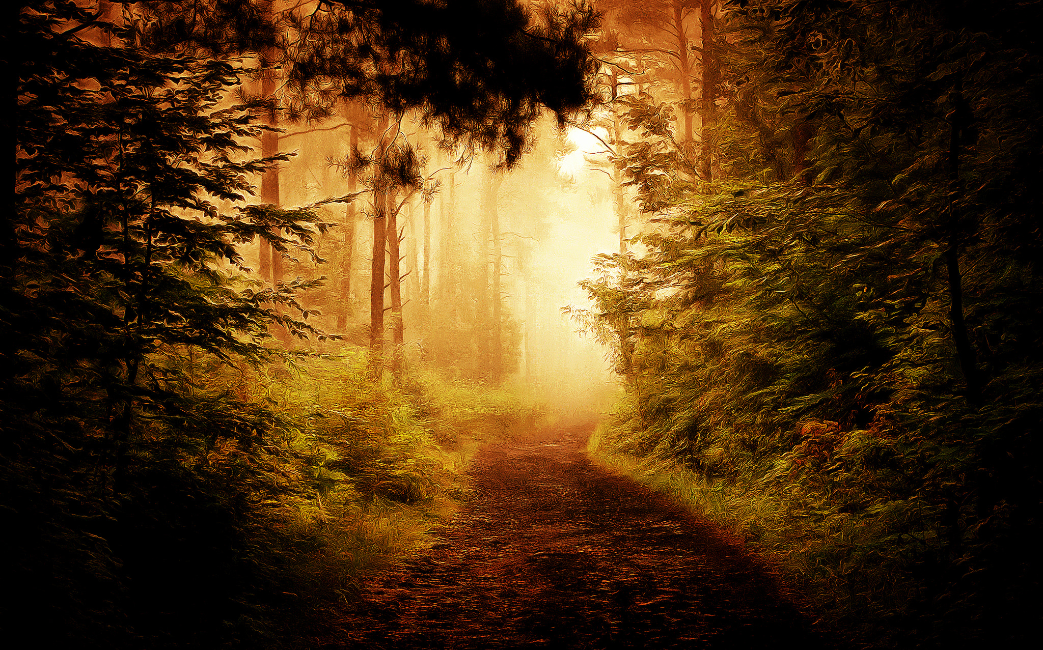 Download mobile wallpaper Nature, Forest, Tree, Fog, Path, Painting, Artistic, Dirt Road for free.