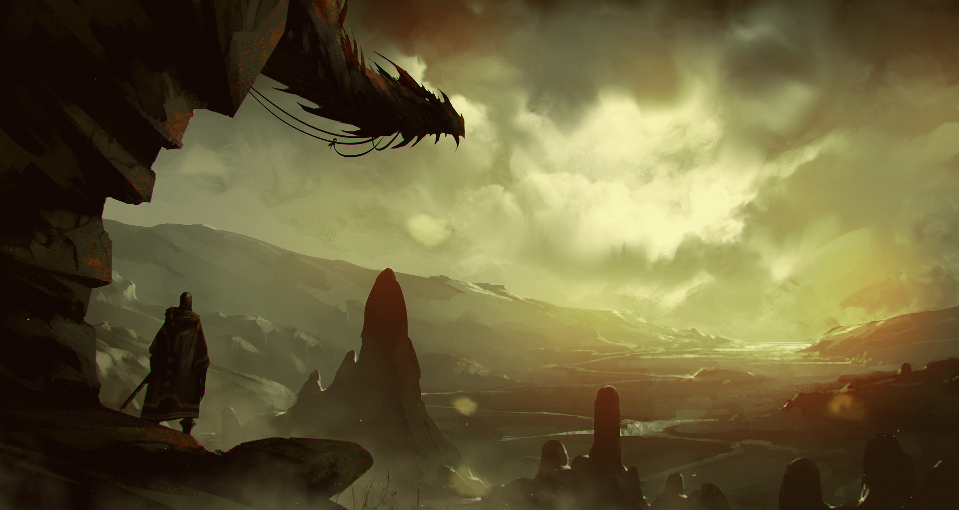 Download mobile wallpaper Landscape, Fantasy, Dragon, Warrior, Valley for free.