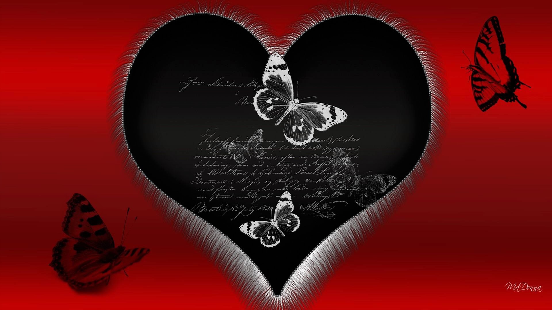 Скачать обои бесплатно Красный, Бабочка, Сердце, Слово, Чёрный, День Святого Валентина, Праздничные, Готические картинка на рабочий стол ПК