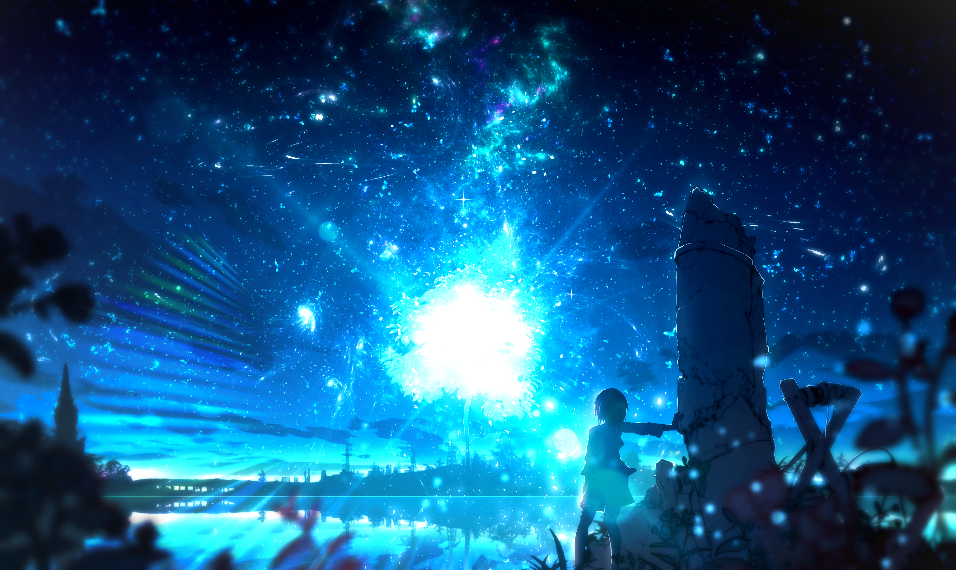 Free download wallpaper Anime, Night, Lake, Reflection, Light, Original on your PC desktop