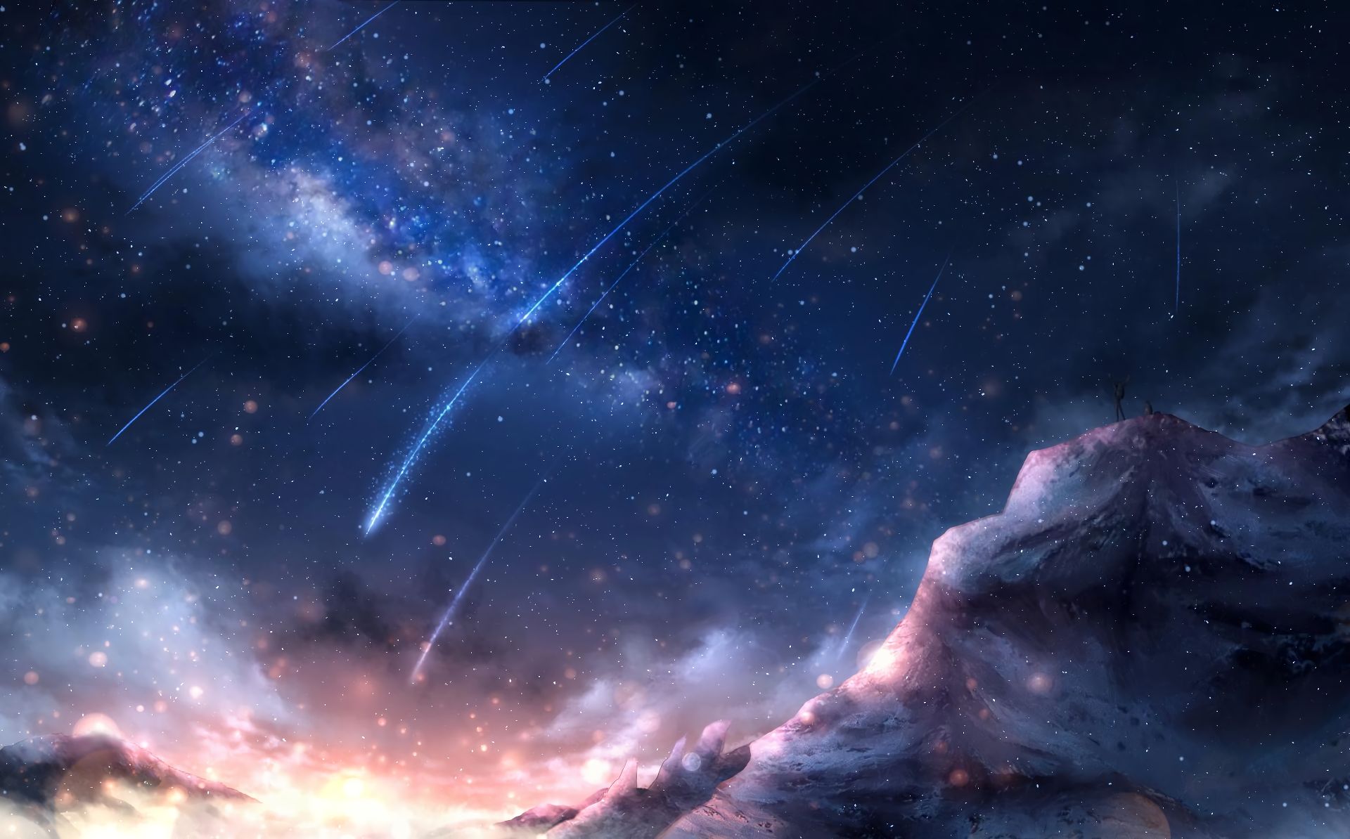 stars, anime, original, cloud, comet, mountain, night, sky