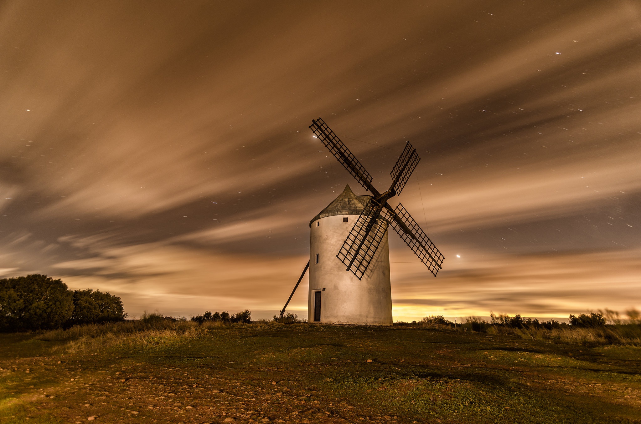 Download mobile wallpaper Night, Windmill, Man Made for free.