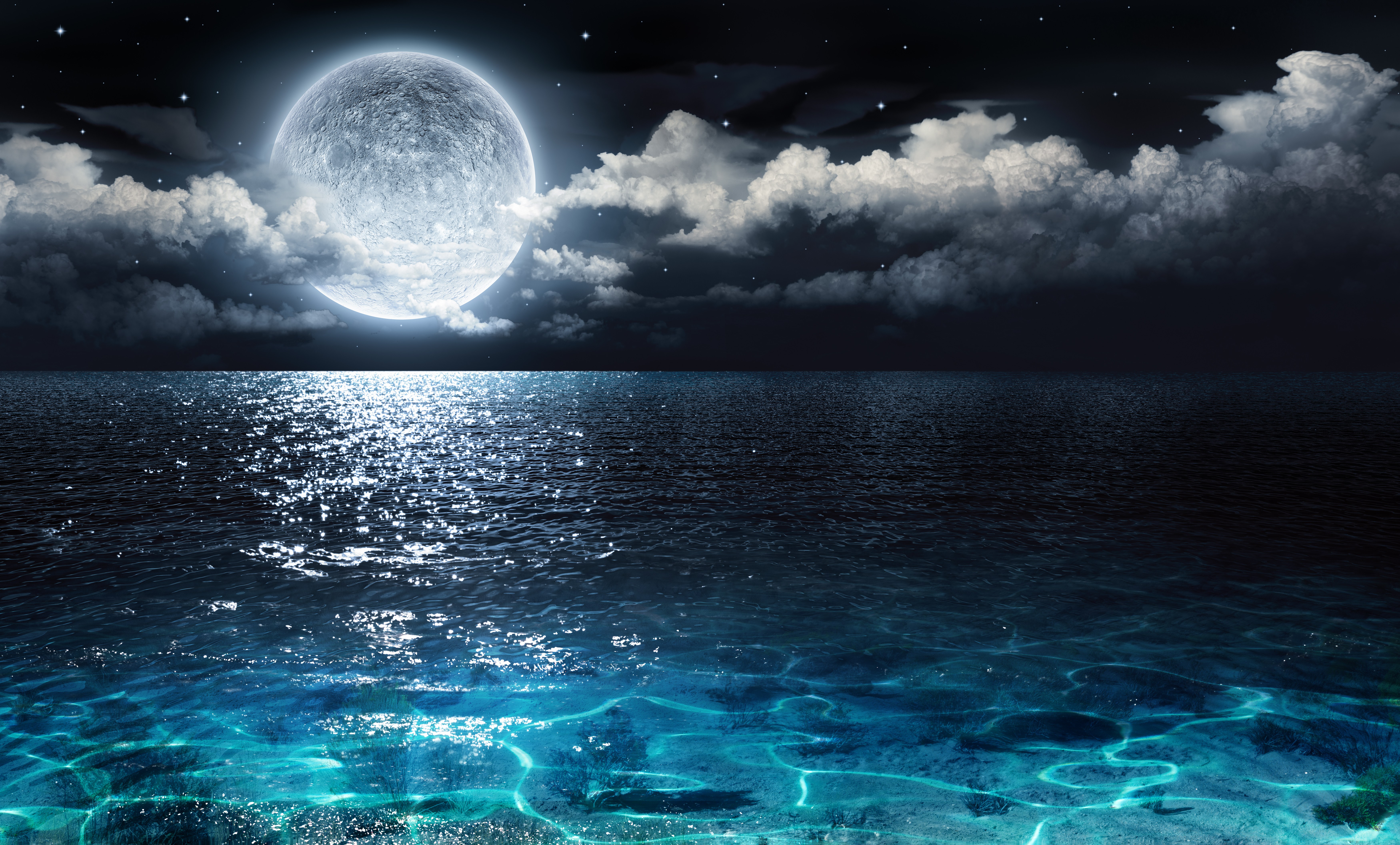 Скачать обои бесплатно Море, Ночь, Облака, Луна, Океан, Земля/природа картинка на рабочий стол ПК