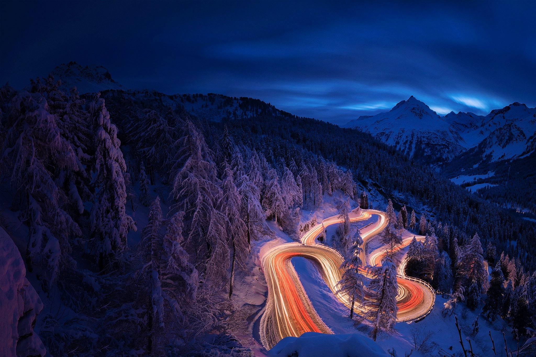 Download mobile wallpaper Landscape, Winter, Night, Snow, Mountain, Road, Forest, Photography, Time Lapse for free.