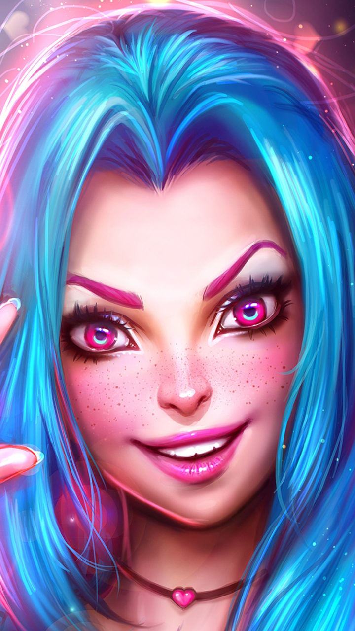 Download mobile wallpaper League Of Legends, Smile, Face, Blue Hair, Video Game, Lipstick, Pink Eyes, Happy Valentine's Day, Jinx (League Of Legends) for free.