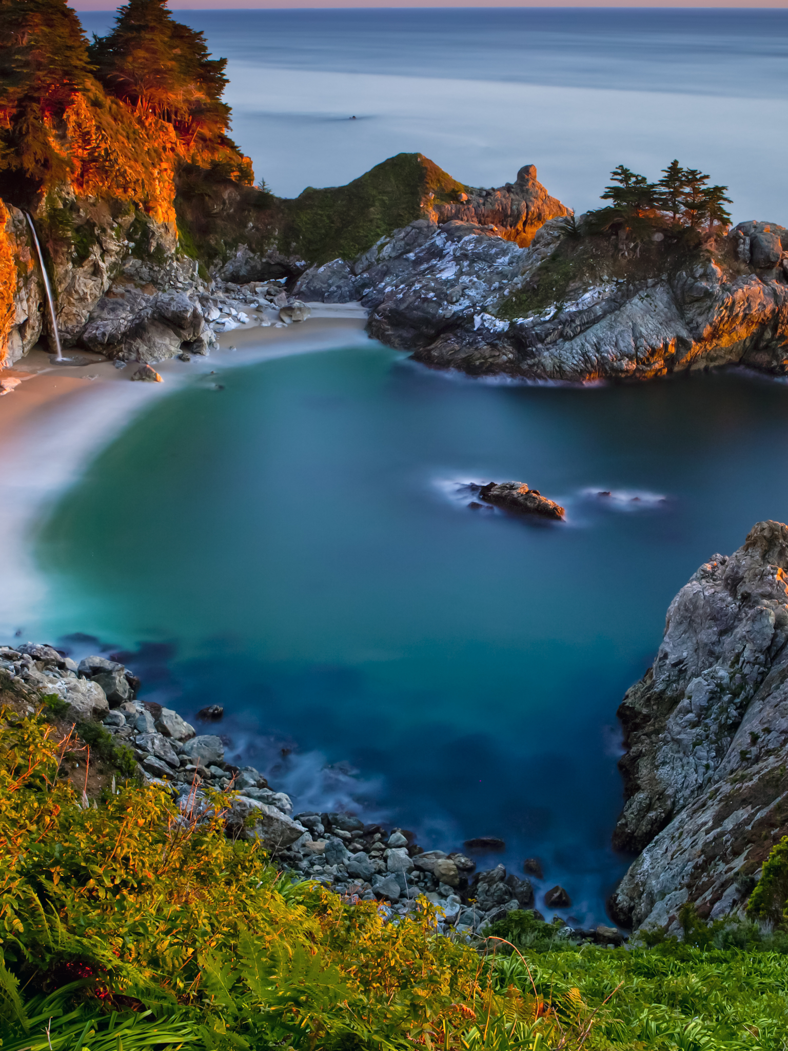 Download mobile wallpaper Beach, Sand, Waterfall, Ocean, Earth, California, Coastline, Big Sur for free.
