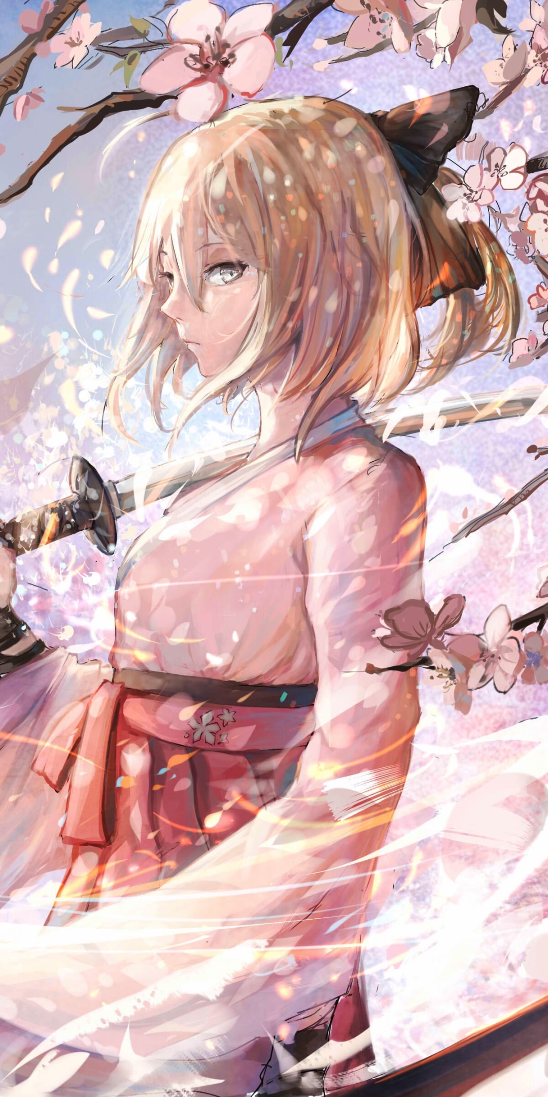 Download mobile wallpaper Anime, Blonde, Kimono, Katana, Saber (Fate Series), Fate (Series), Sakura Blossom, Fate/grand Order, Fate Series for free.