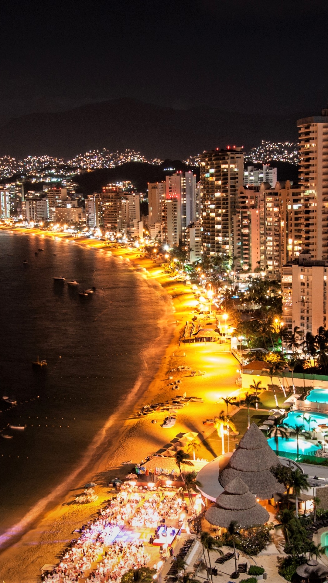 acapulco, beach, man made, city, mexico, building, night, coast, cities