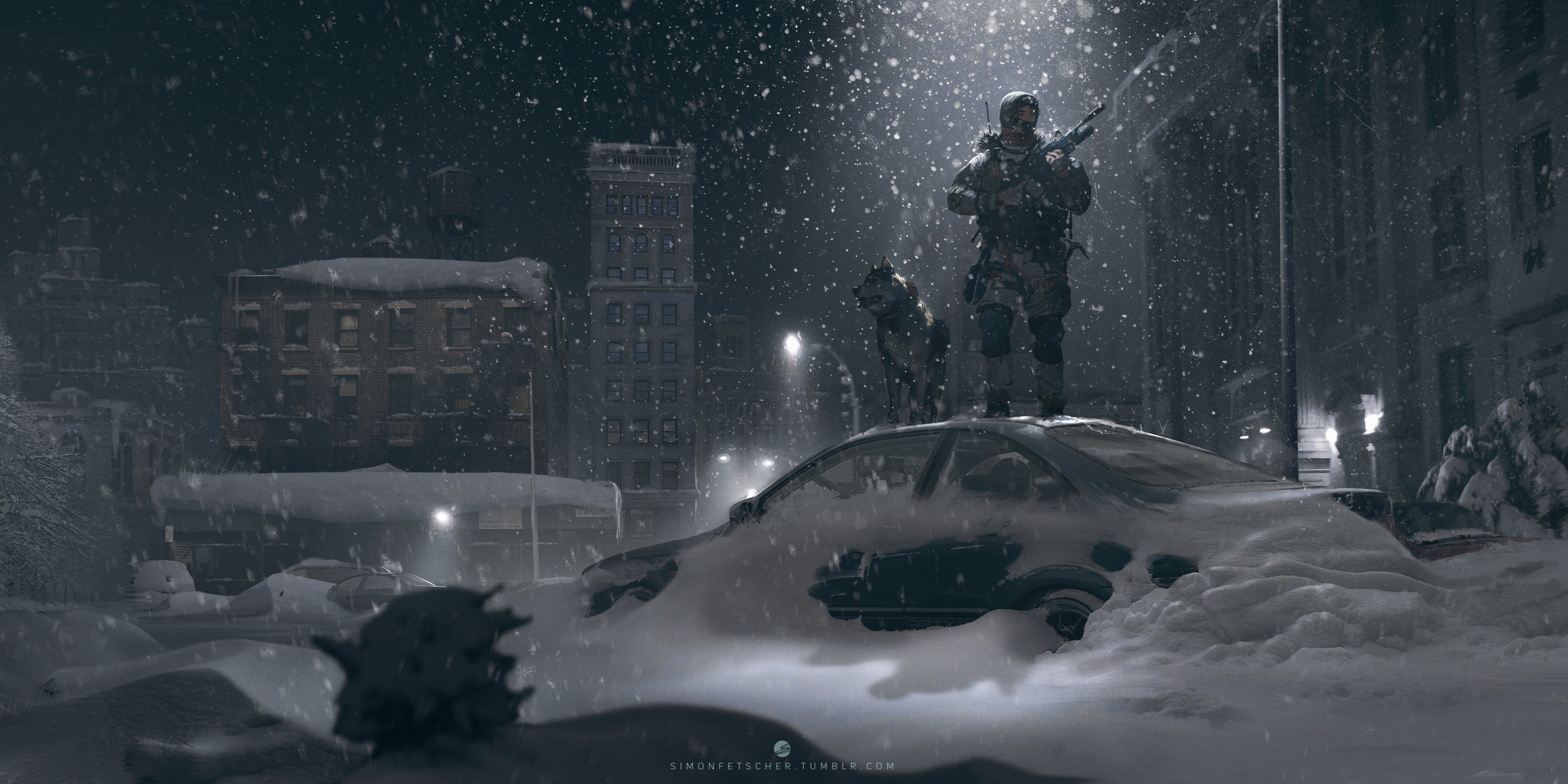 Free download wallpaper Winter, Night, Snow, Dog, Artistic, Military, Snowfall, Soldier on your PC desktop