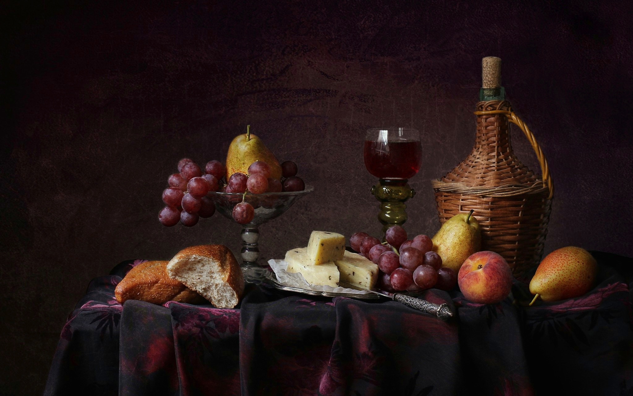 Download mobile wallpaper Food, Cheese, Grapes, Still Life, Glass, Fruit, Bread, Bottle, Peach, Pear, Wine for free.