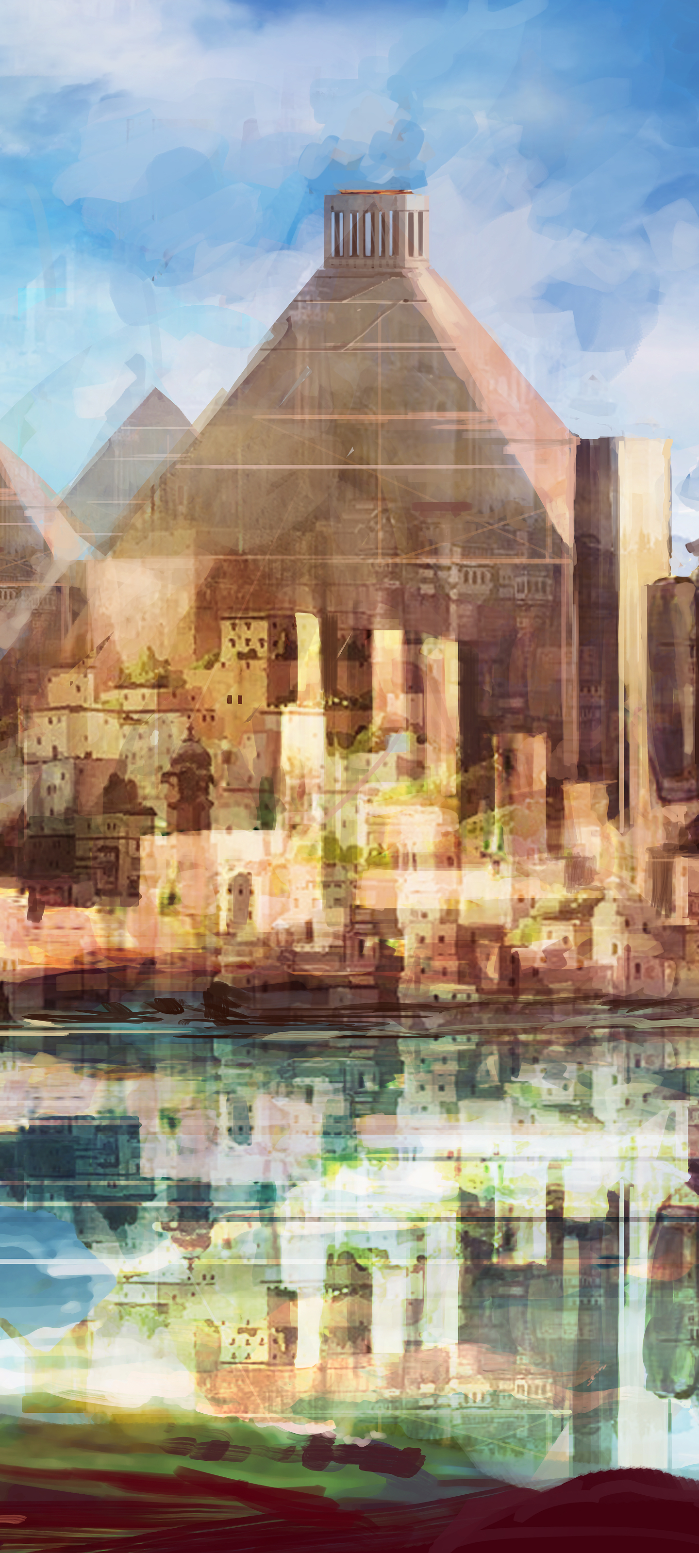 Download mobile wallpaper Fantasy, City, Lake, Reflection, Pyramid for free.