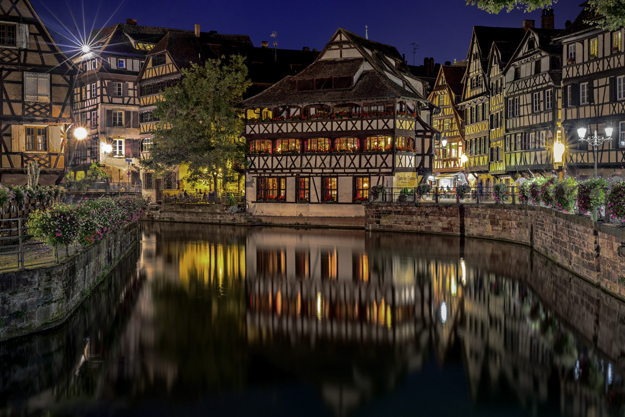 man made, strasbourg, building, canal, city, france, night, reflection, cities