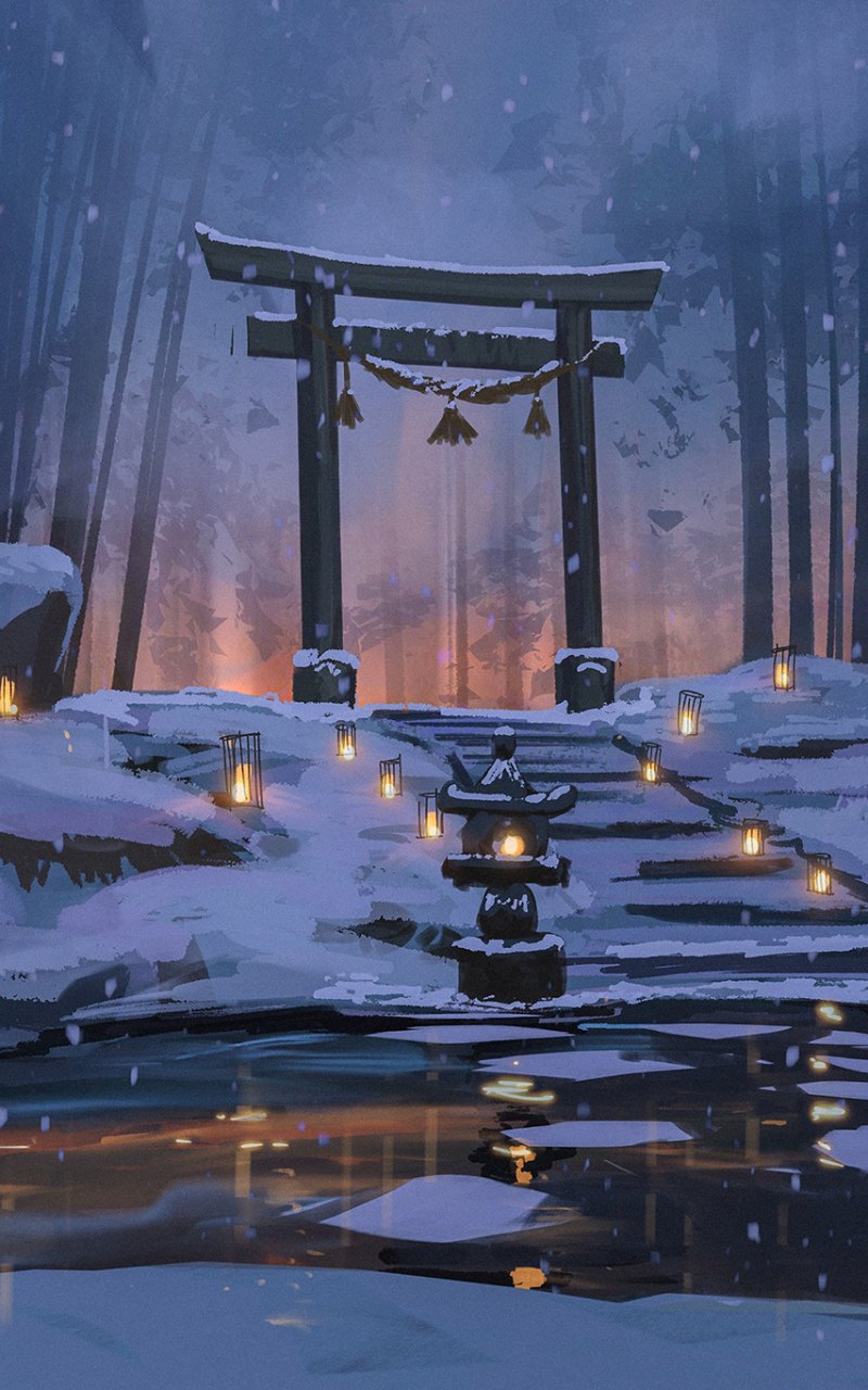 Download mobile wallpaper Anime, Winter, Night, Snow, Lantern, Bamboo, Torii, Shrine for free.