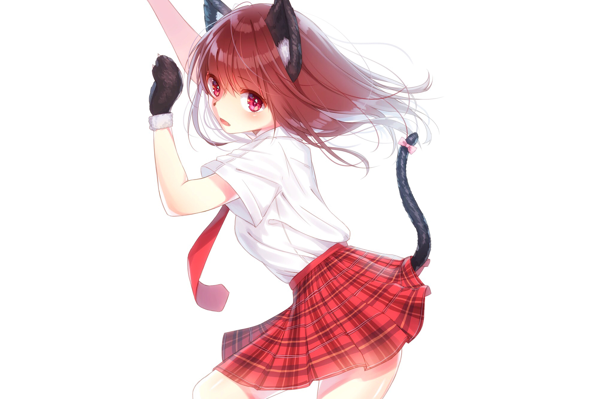 anime, original, glove, nekomimi, red eyes, red hair, shirt, tail, uniform phone wallpaper