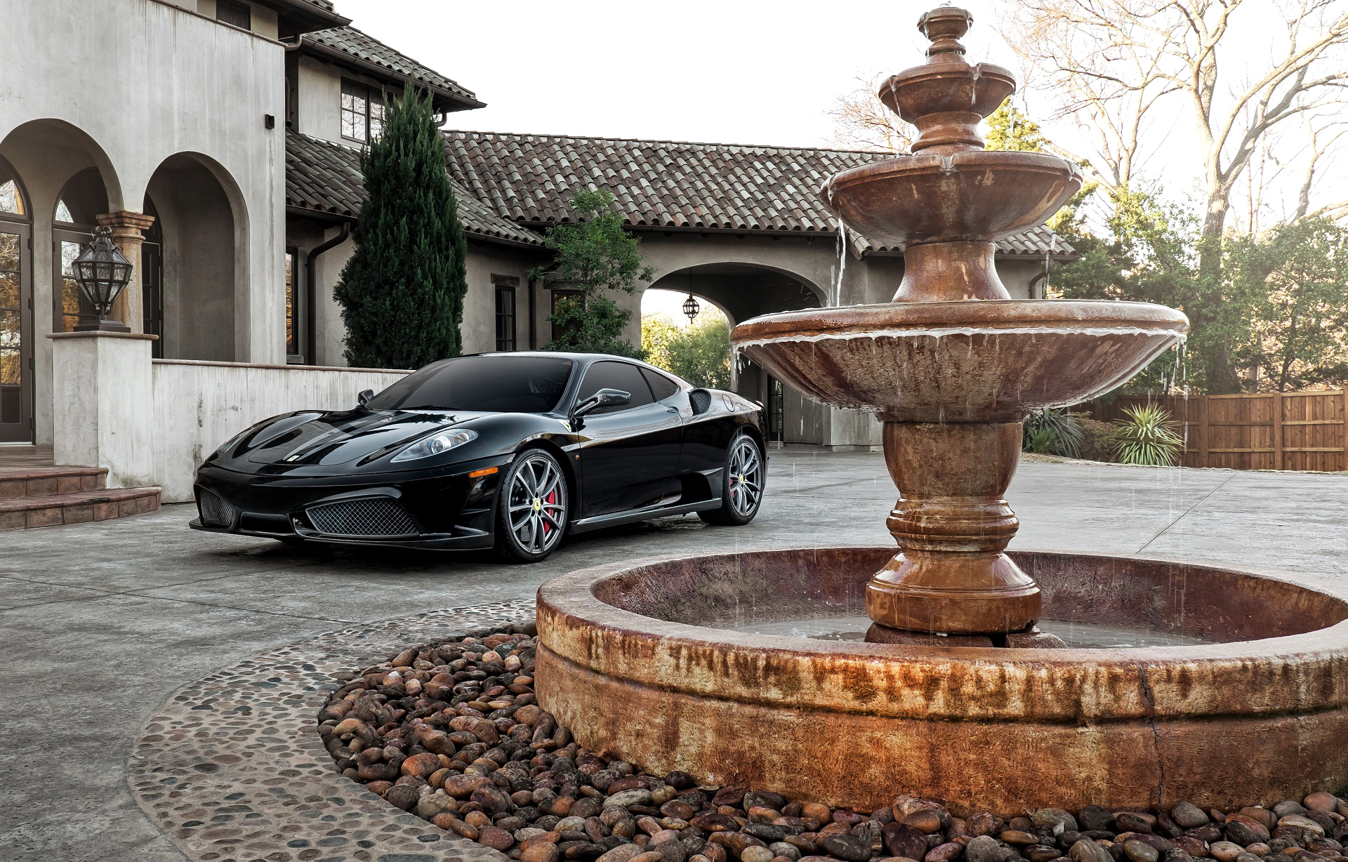 fountain, cars, side view, ferrari, black, f430