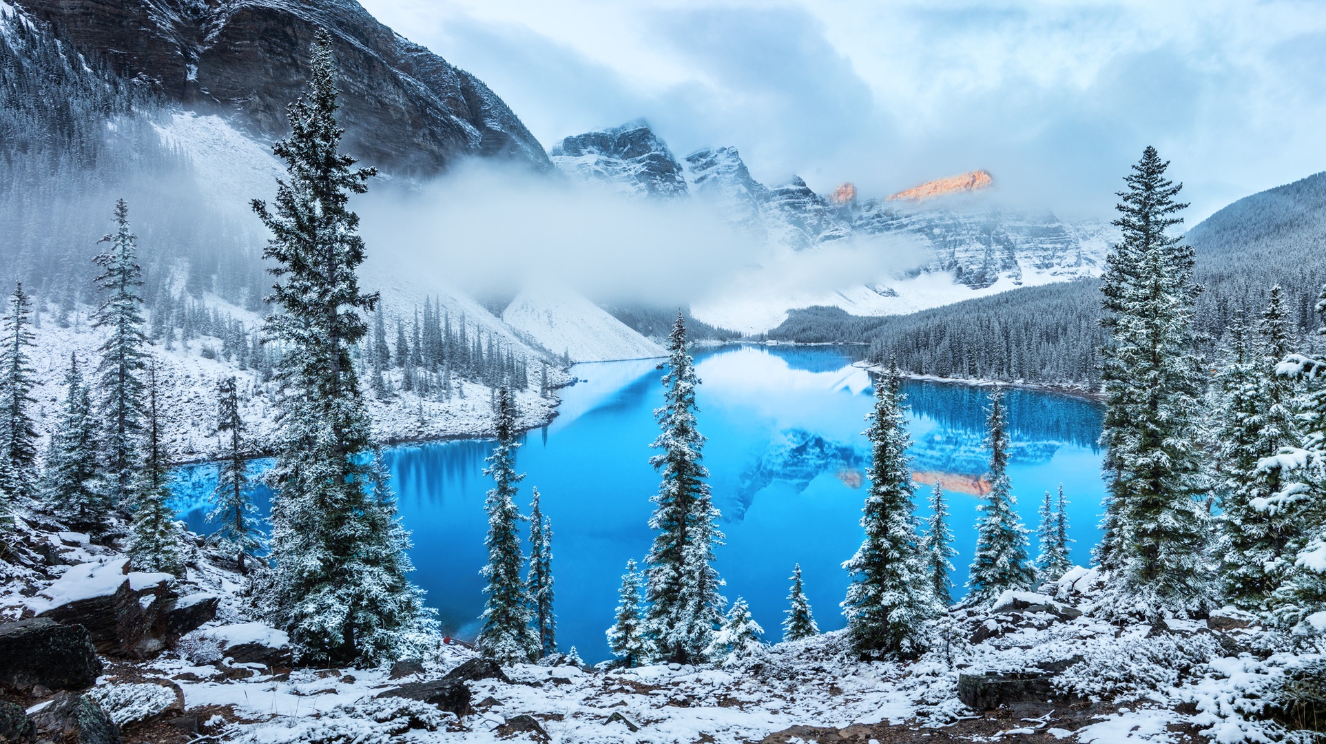 Descarga gratis la imagen Invierno, Naturaleza, Lagos, Montaña, Lago, Niebla, Tierra/naturaleza, Reflejo en el escritorio de tu PC
