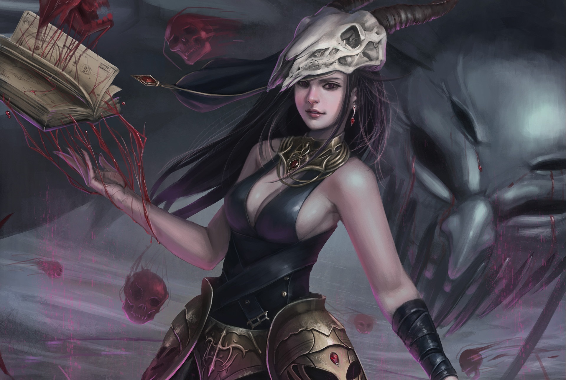 Download mobile wallpaper Magic, Fantasy, Blood, Book, Skull, Witch, Black Hair, Long Hair for free.