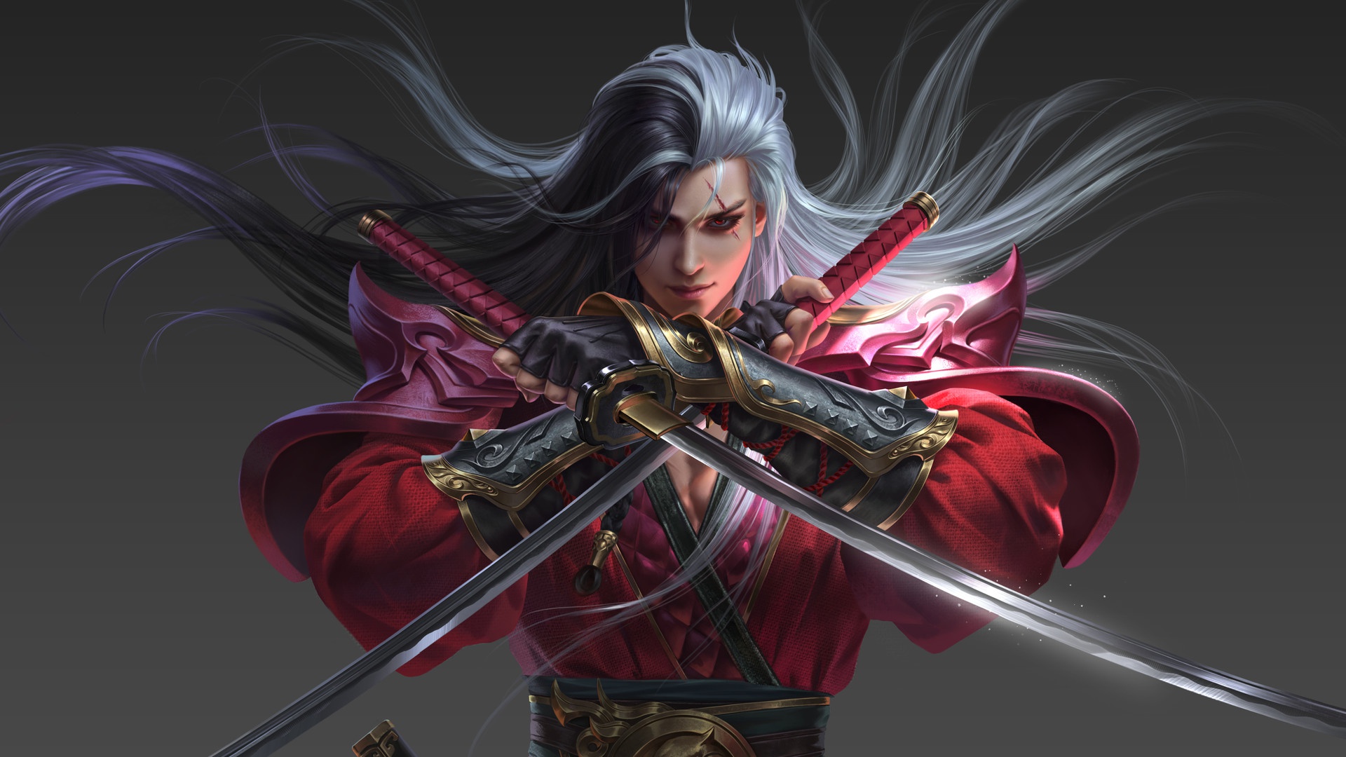 Download mobile wallpaper Fantasy, Warrior, Samurai, Sword, Red Eyes for free.