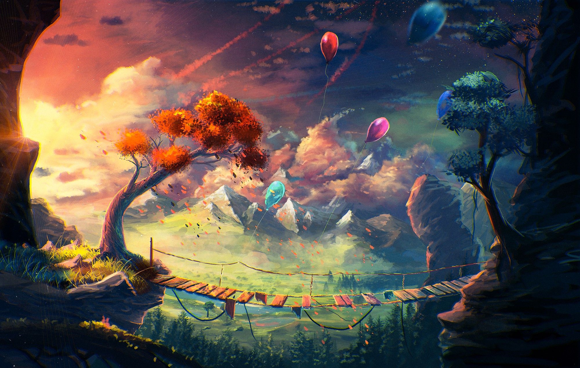 fantasy, landscape, balloon, bridge, tree