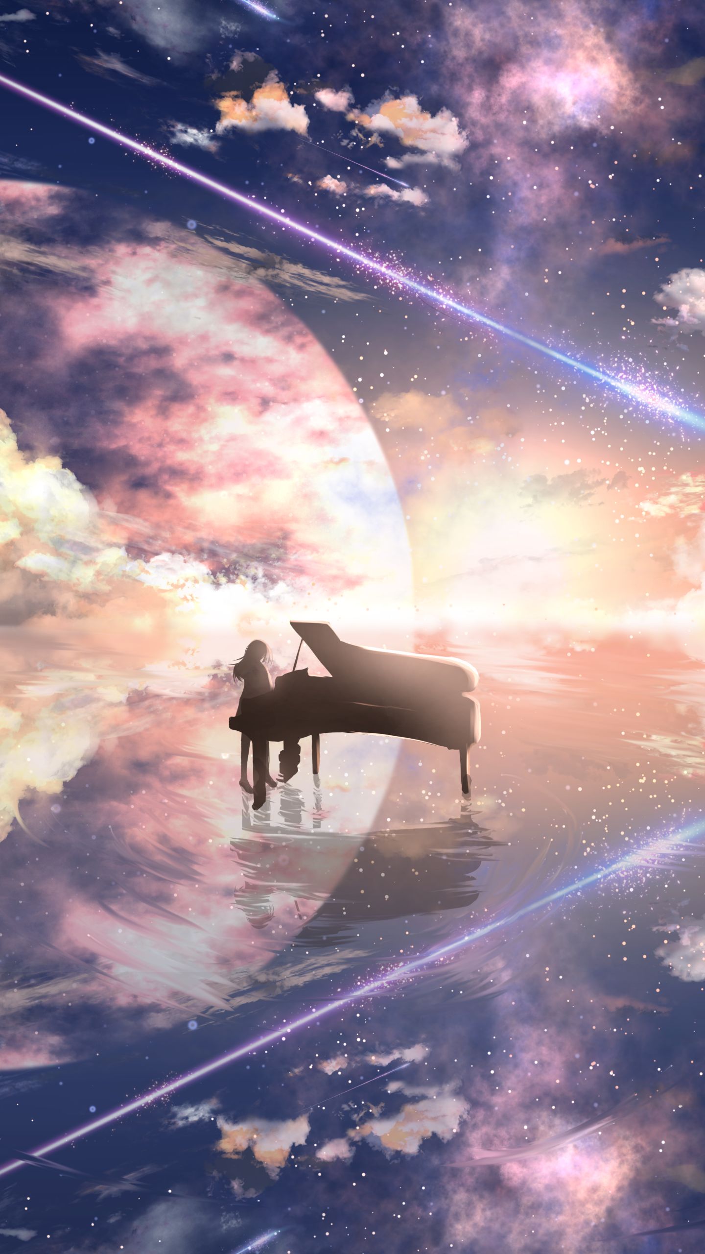 Download mobile wallpaper Anime, Piano, Reflection, Starry Sky, Planet, Shooting Star for free.