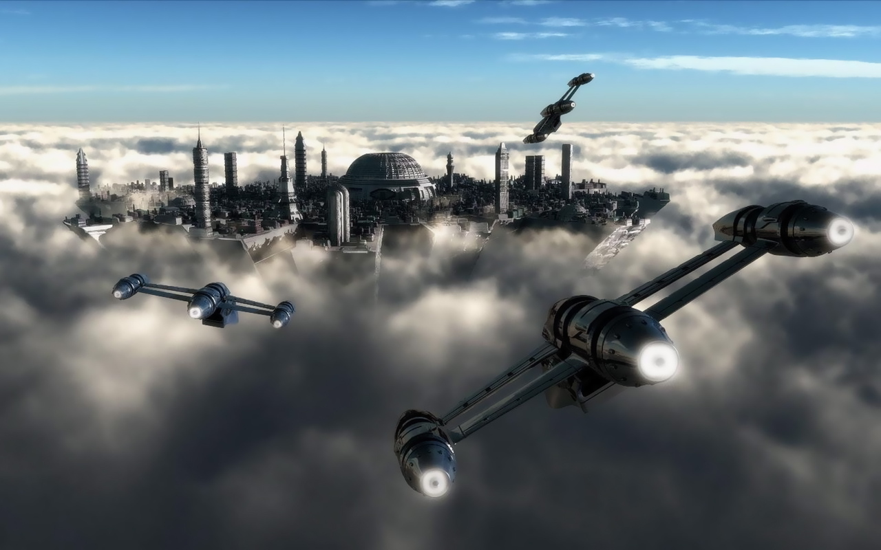 Скачать картинку Город, Космический Корабль, Облако, Научная Фантастика в телефон бесплатно.