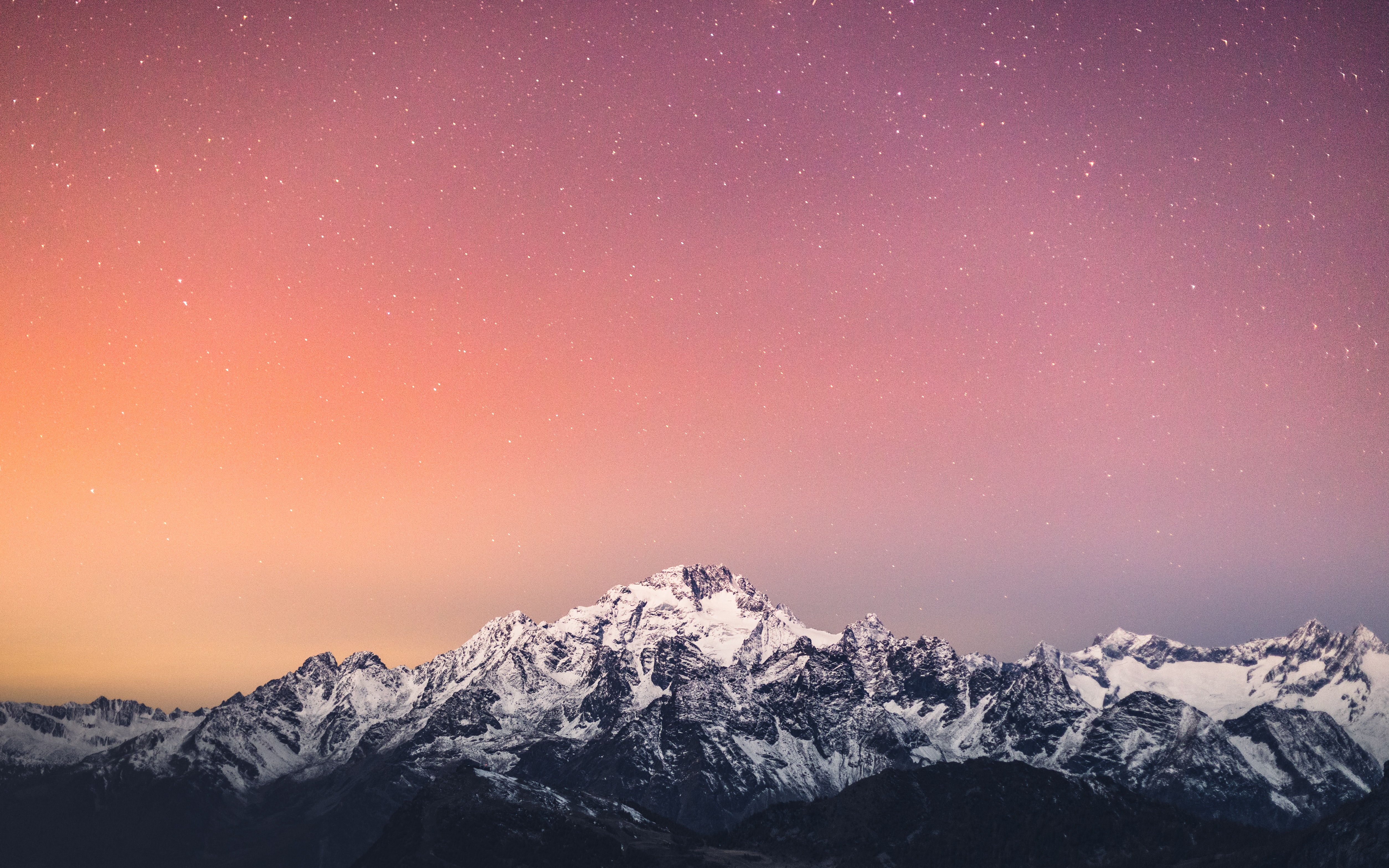 Download mobile wallpaper Nature, Dusk, Mountains, Snow, Twilight, Starry Sky, Landscape for free.