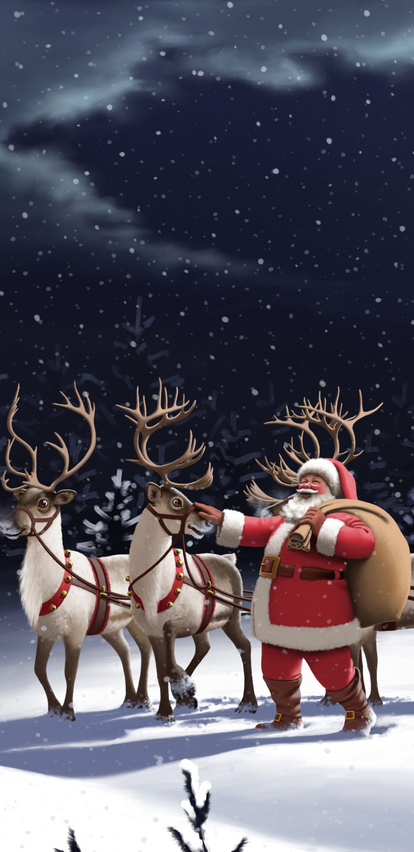 Handy-Wallpaper Feiertage, Weihnachtsmann, Weihnachten, Schneefall, Nacht, Rentier kostenlos herunterladen.