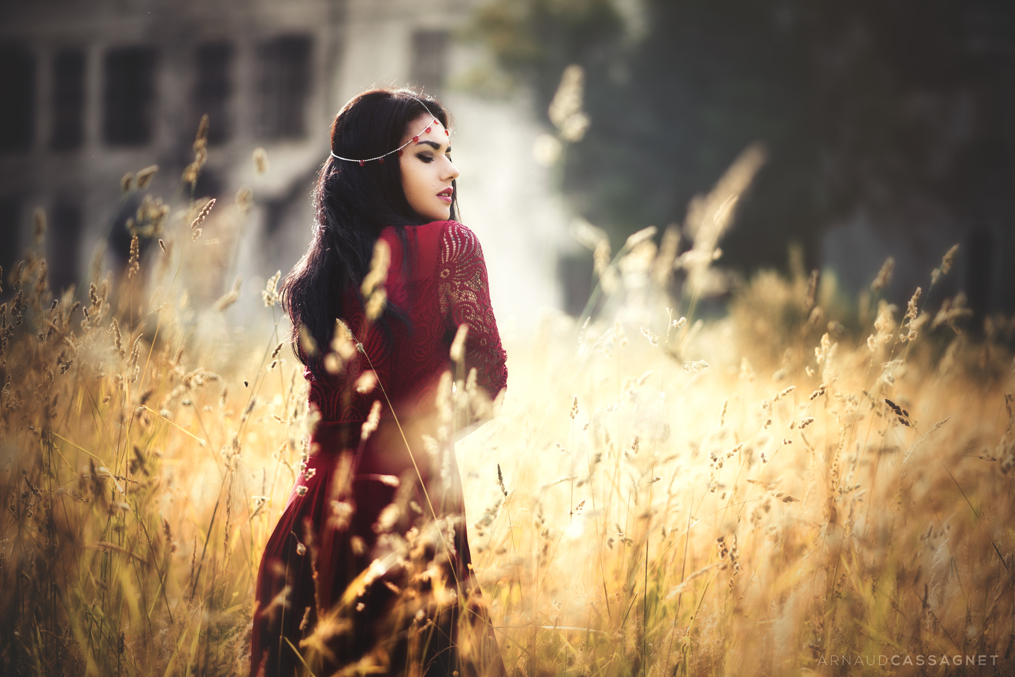 Download mobile wallpaper Grass, Mood, Model, Women, Black Hair, Red Dress for free.