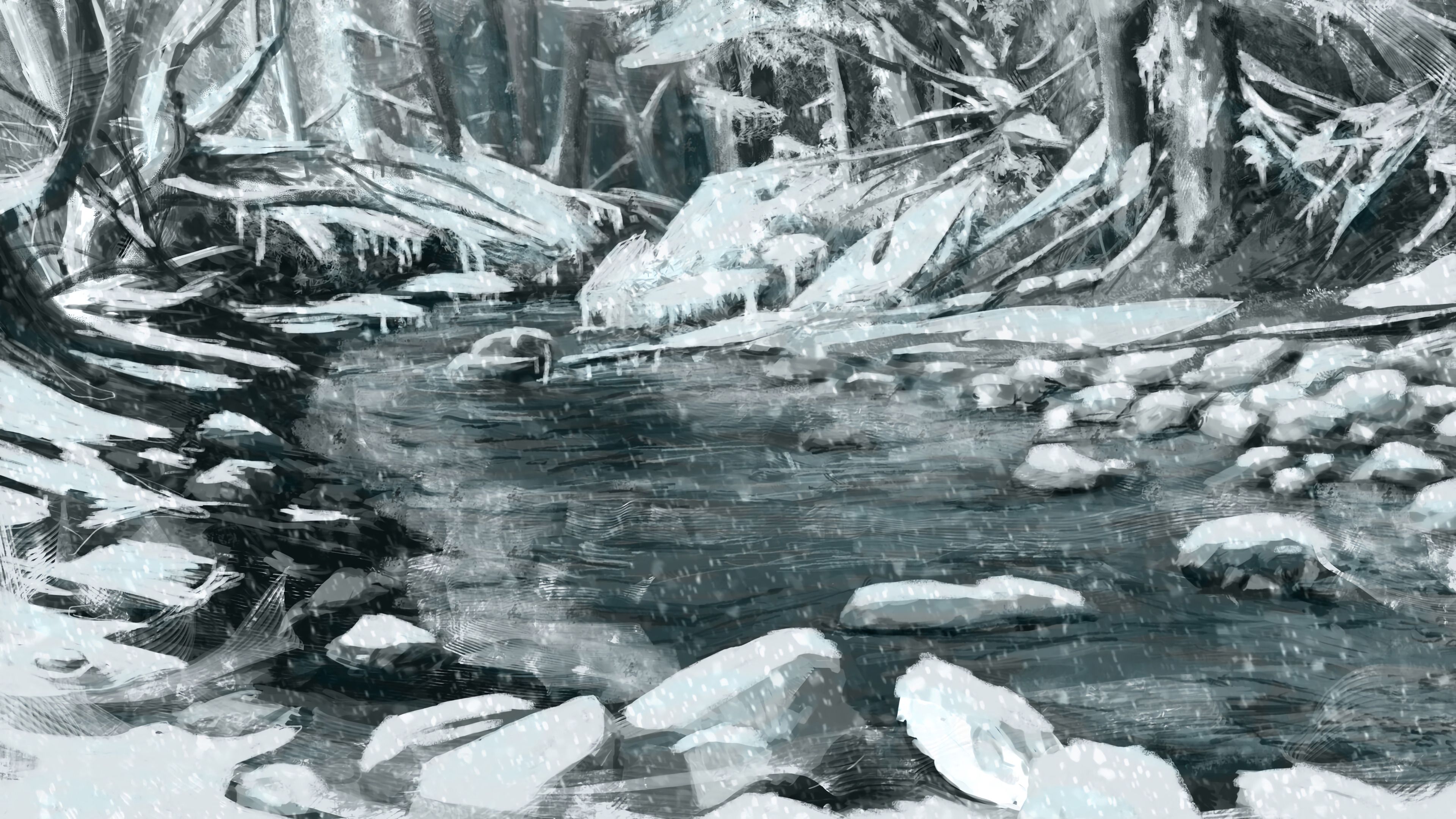 Download mobile wallpaper Winter, Snow, Rivers, Trees, Stones, Art for free.