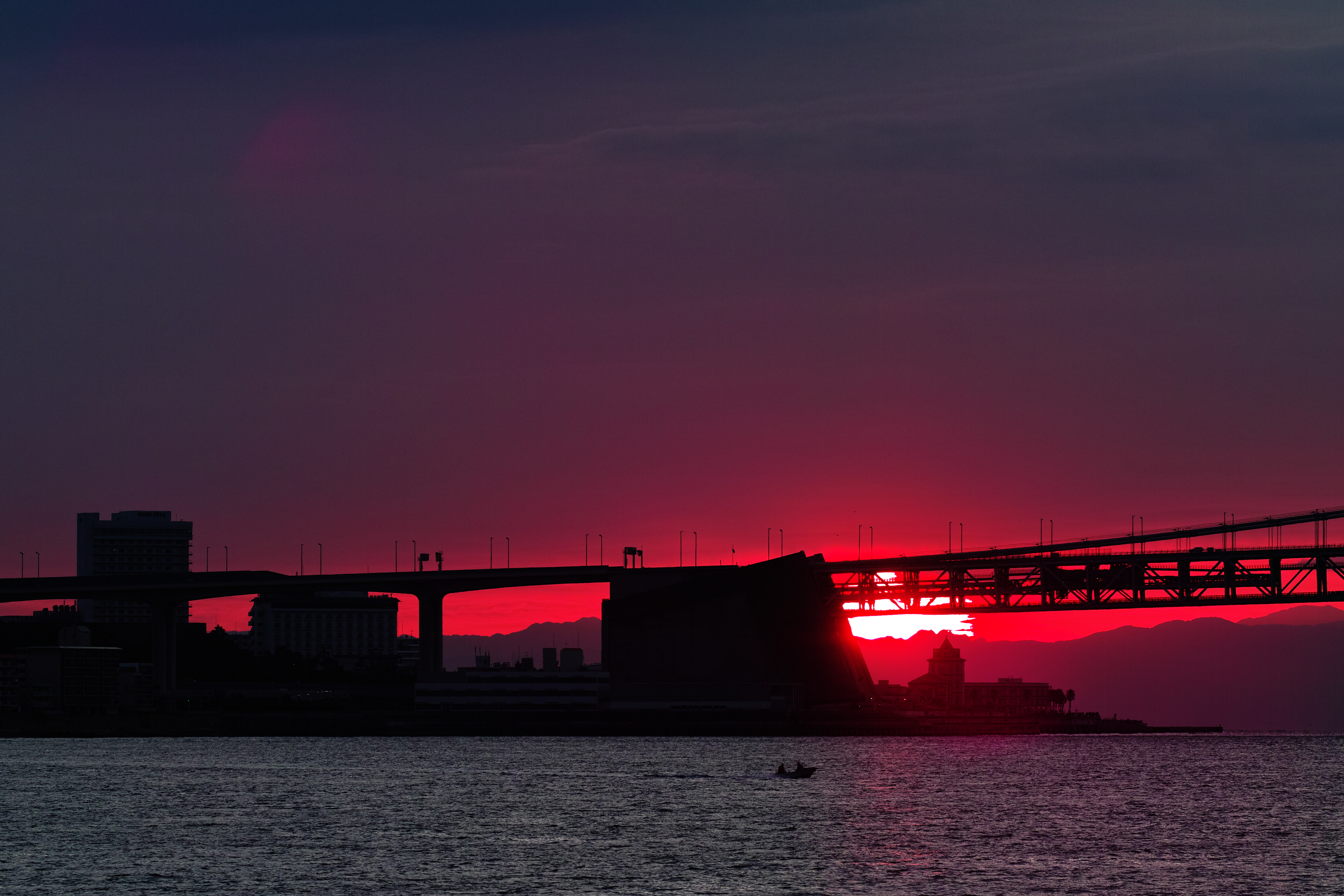 cities, sunset, rivers, twilight, red, dusk, bridge, evening 4K for PC