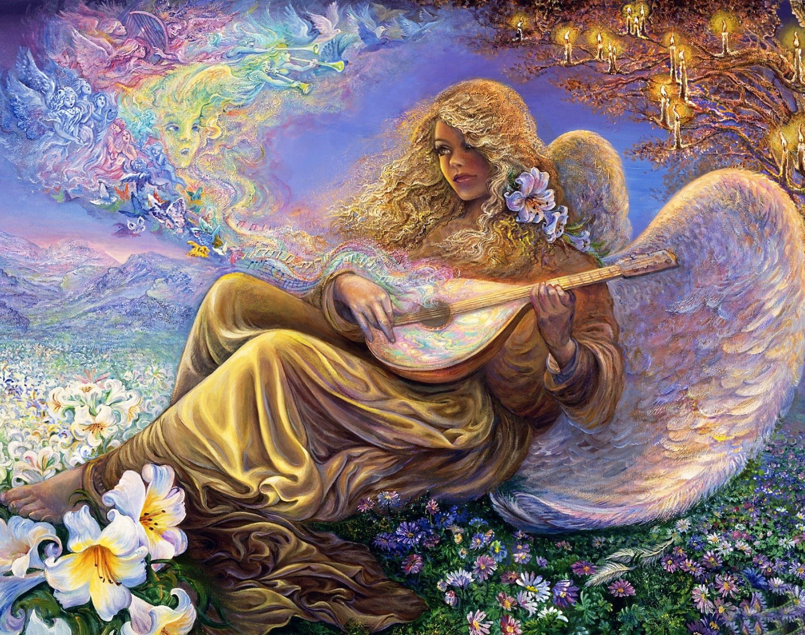 Laden Sie das Fantasie, Engel, Blume, Flügel, Laute-Bild kostenlos auf Ihren PC-Desktop herunter