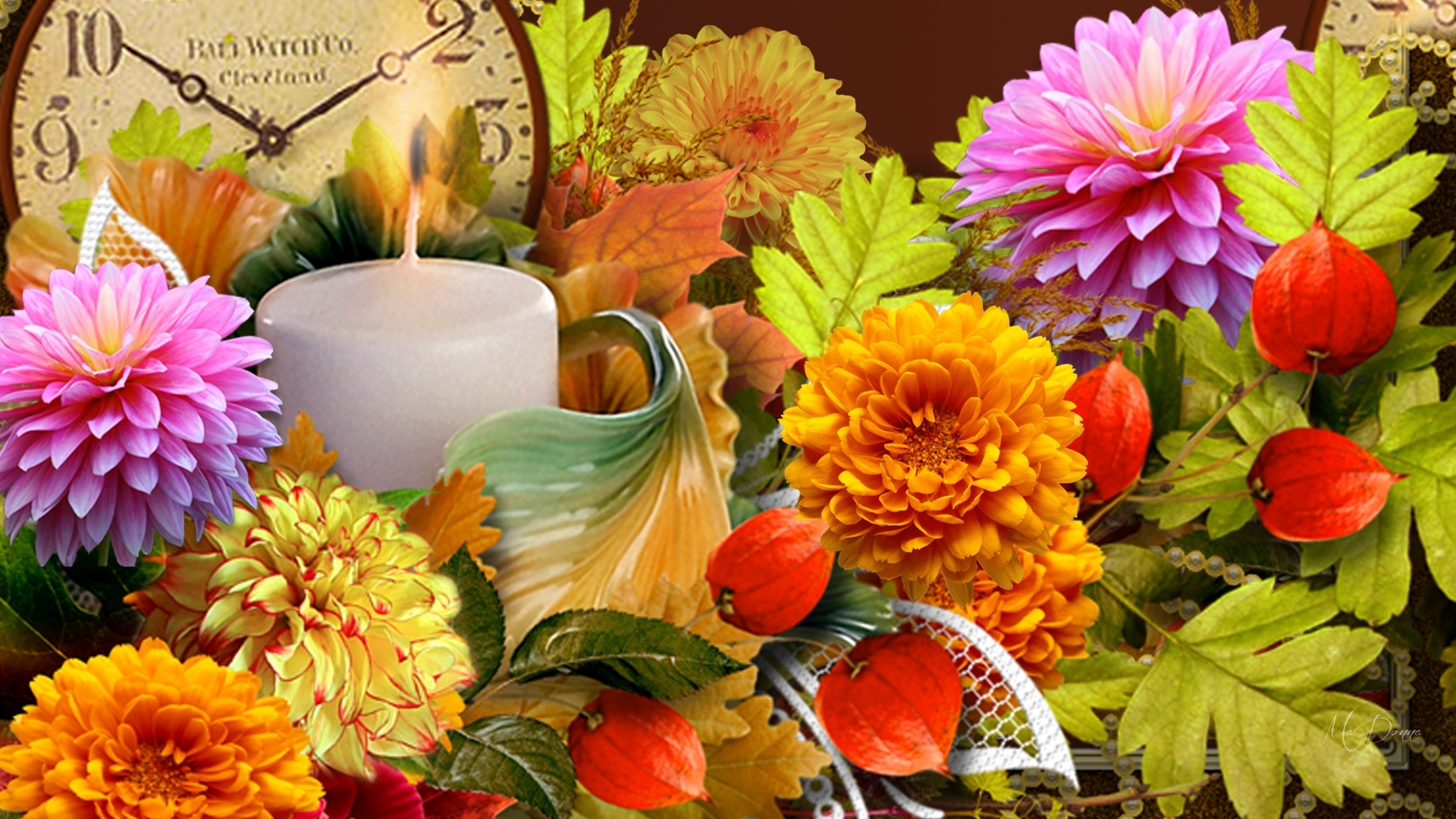 Free download wallpaper Clock, Still Life, Flower, Leaf, Fall, Artistic, Candle on your PC desktop