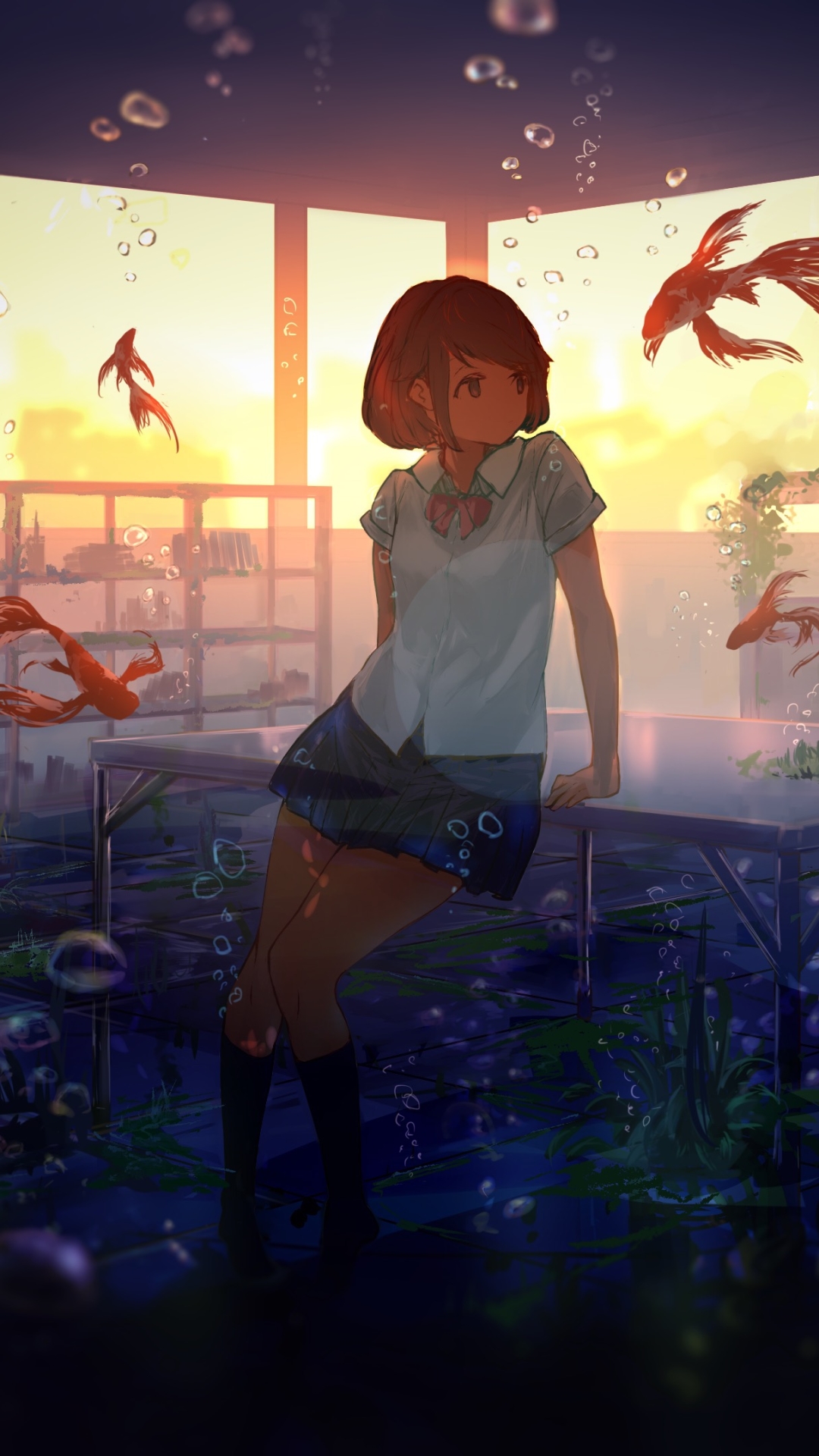 Download mobile wallpaper Anime, Water, Fish, Bubble, Original, Short Hair for free.