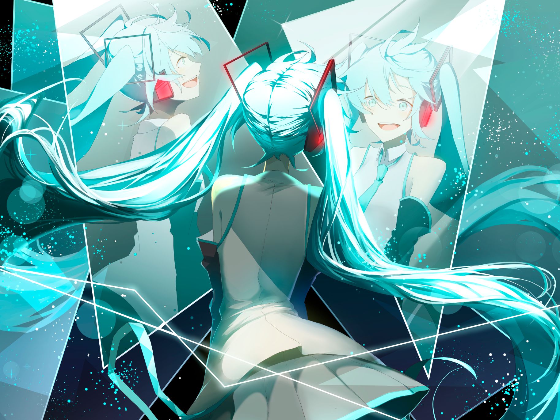 Free download wallpaper Anime, Headphones, Reflection, Smile, Vocaloid, Mirror, Skirt, Blue Eyes, Blue Hair, Hatsune Miku, Long Hair, Twintails on your PC desktop