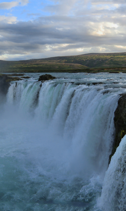 Скачати мобільні шпалери Водоспади, Водоспад, Земля, Ісландія, Годафосс, Захід Сонця безкоштовно.