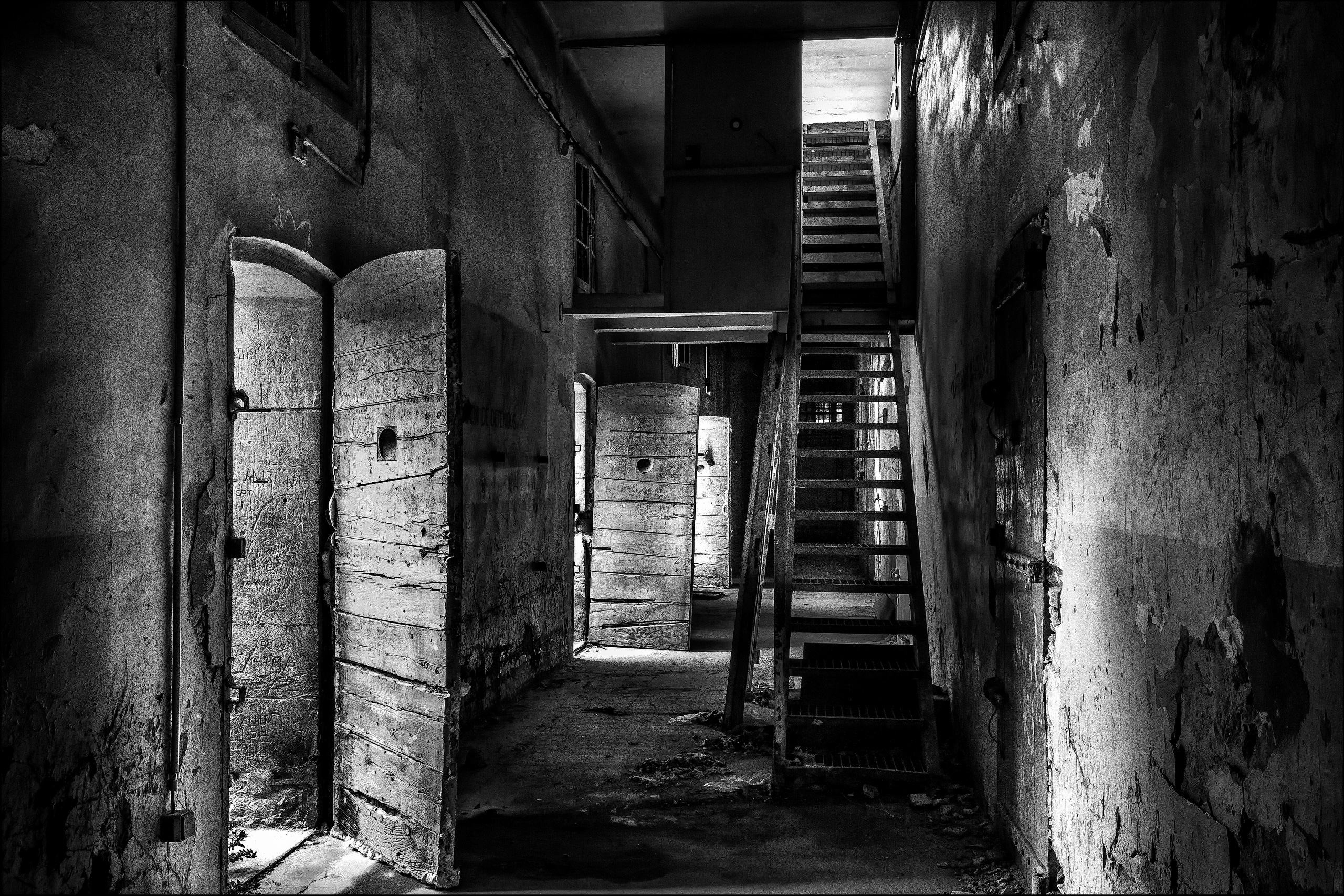 prison, man made, black & white, jail, ruin, stairs