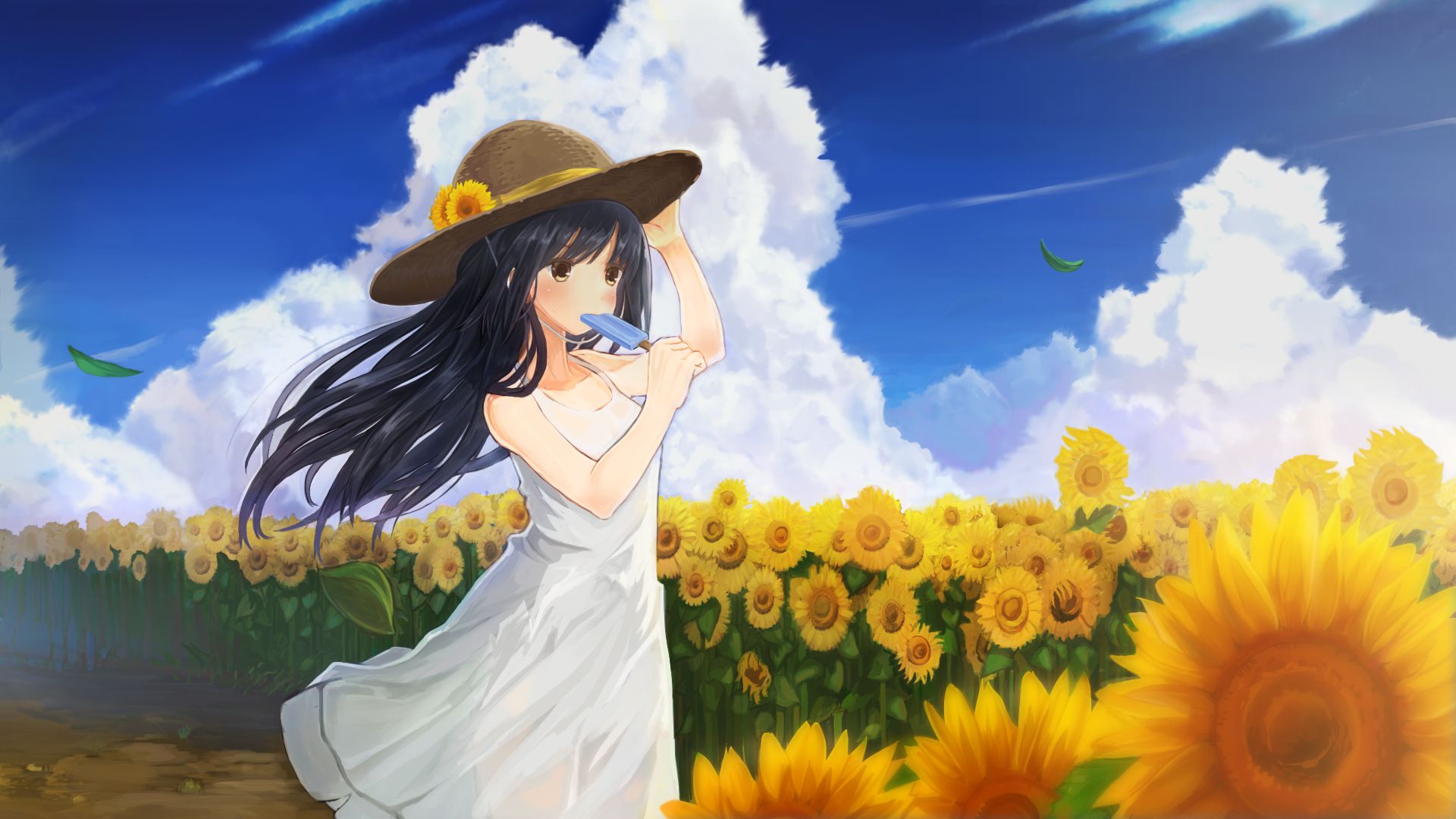 Free download wallpaper Anime, Sky, Ice Cream, Flower, Cloud, Hat, Dress, Original, Blue Hair, Long Hair on your PC desktop