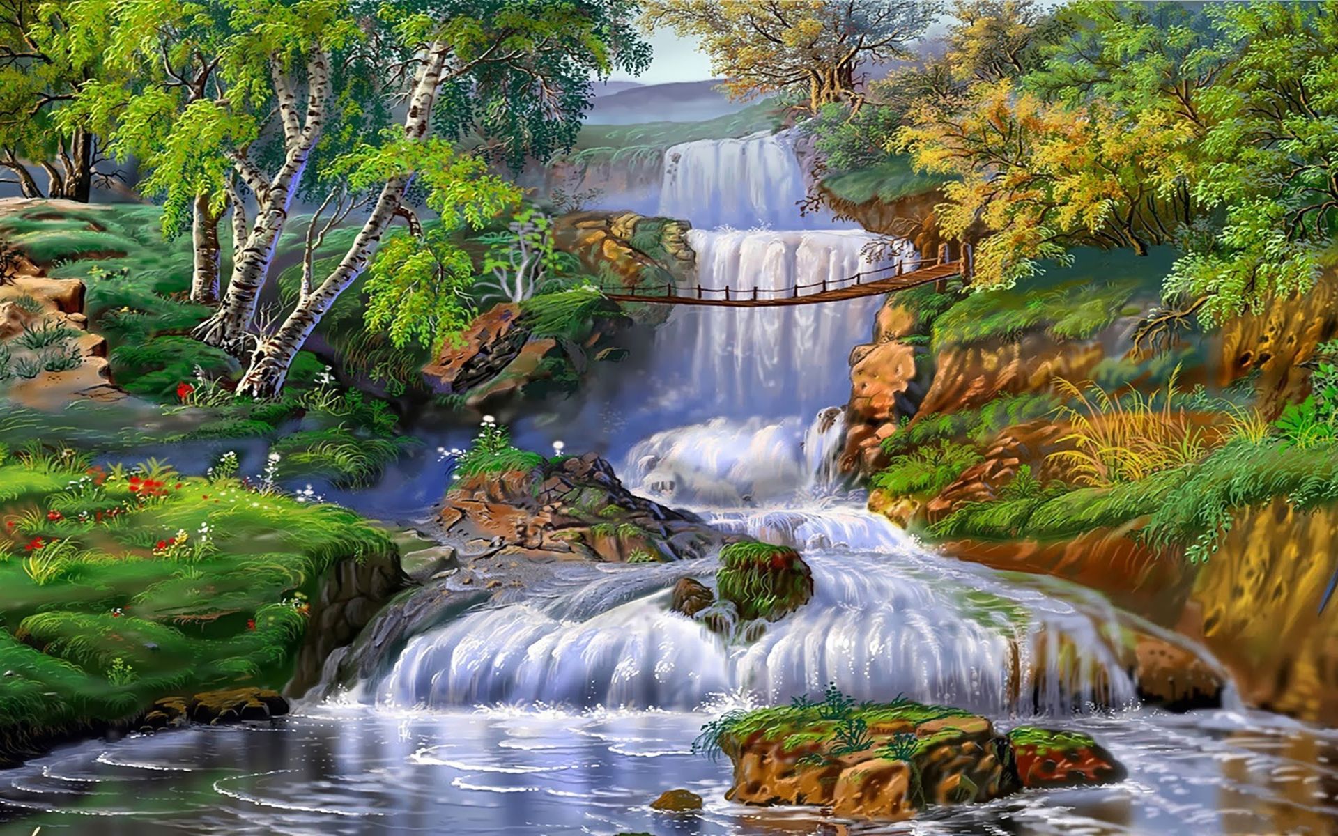 Download mobile wallpaper Waterfall, Tree, Bridge, Stream, Artistic for free.