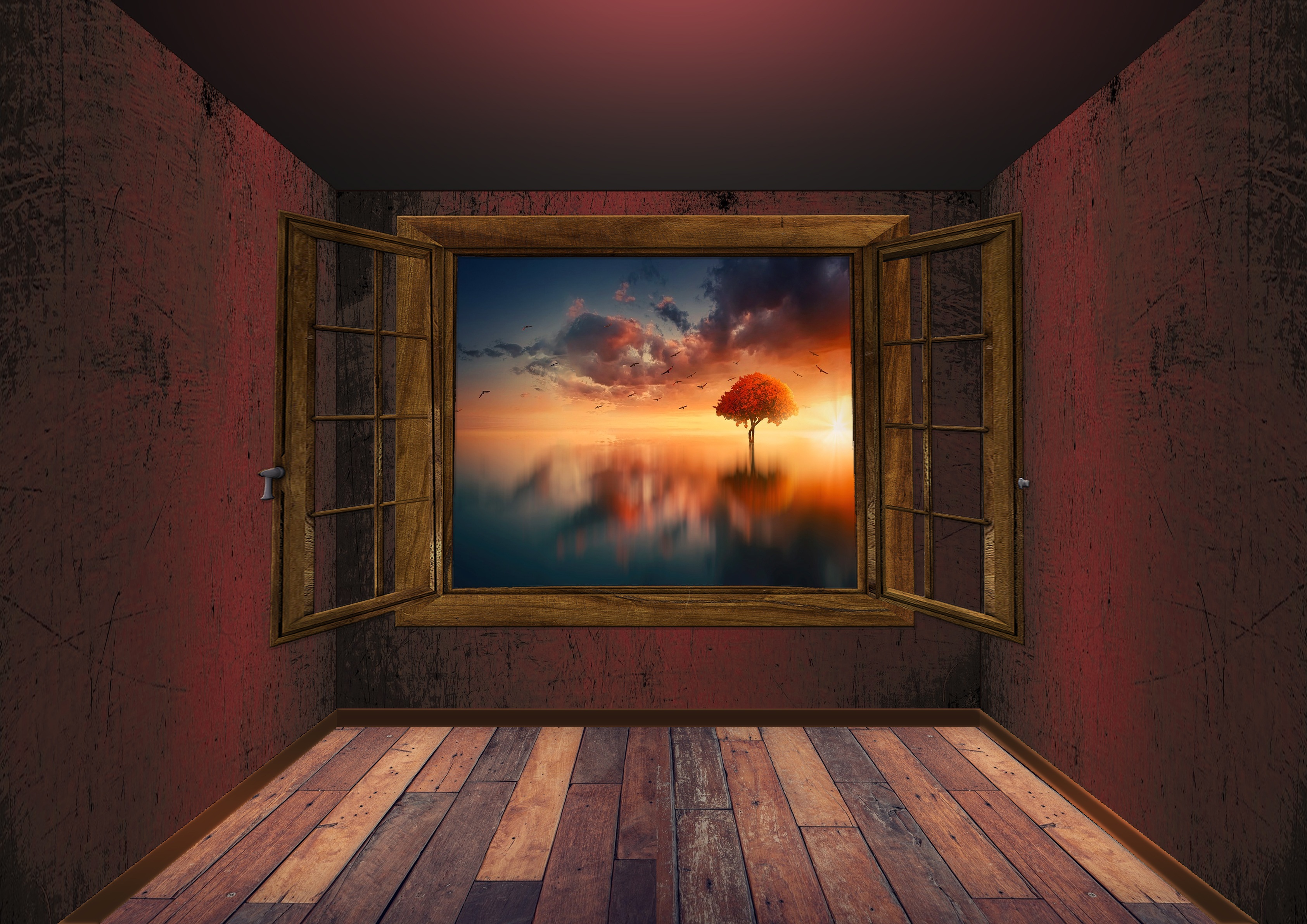 wooden, artistic, window, fantasy, lake, manipulation, room, tree