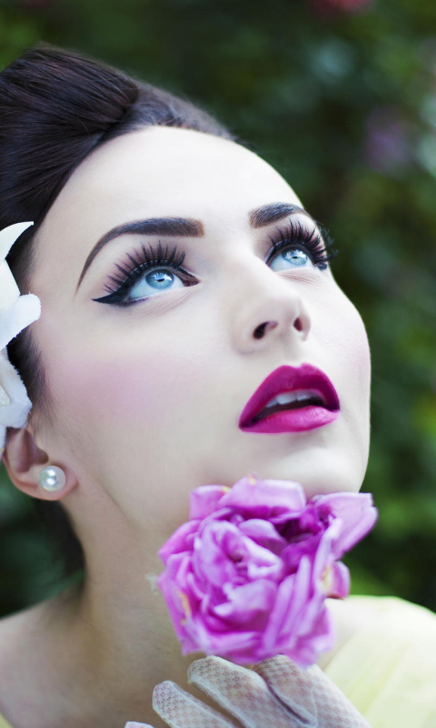 Download mobile wallpaper Flower, Brunette, Model, Women, Blue Eyes, Lipstick for free.