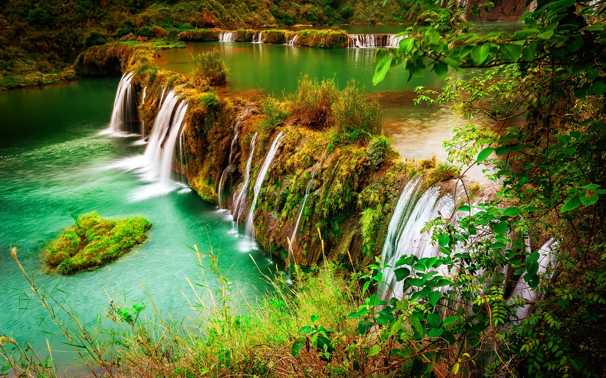 Скачать обои бесплатно Река, Водопады, Водопад, Лес, Дерево, Зеленый, Земля/природа картинка на рабочий стол ПК