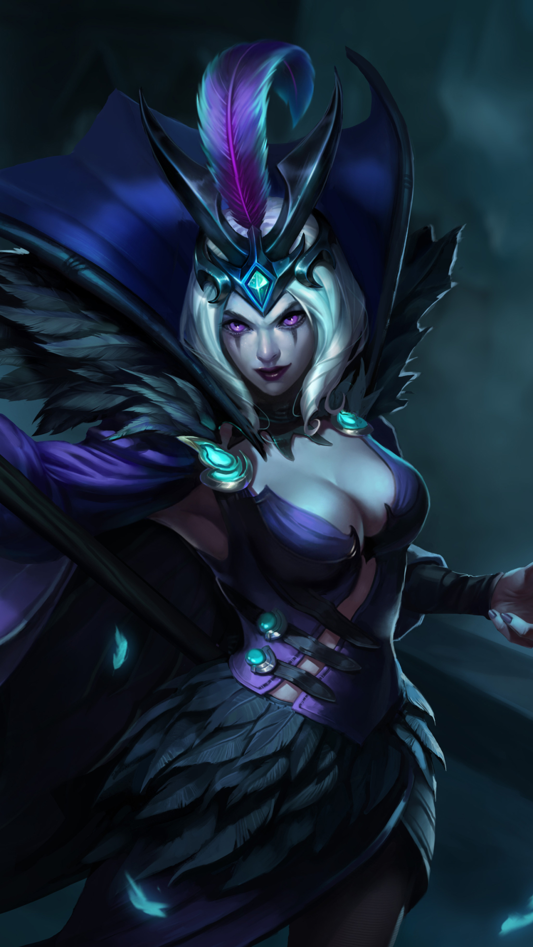 Download mobile wallpaper Fantasy, Feather, League Of Legends, Cape, Video Game, Purple Eyes, Woman Warrior, Leblanc (League Of Legends) for free.