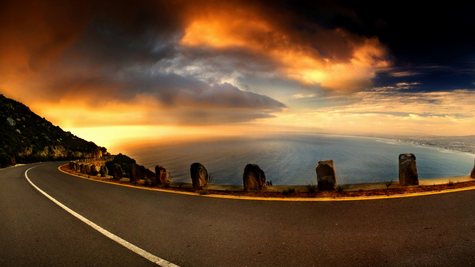 Free download wallpaper Sunset, Sky, Sea, Horizon, Road, Ocean, Man Made on your PC desktop