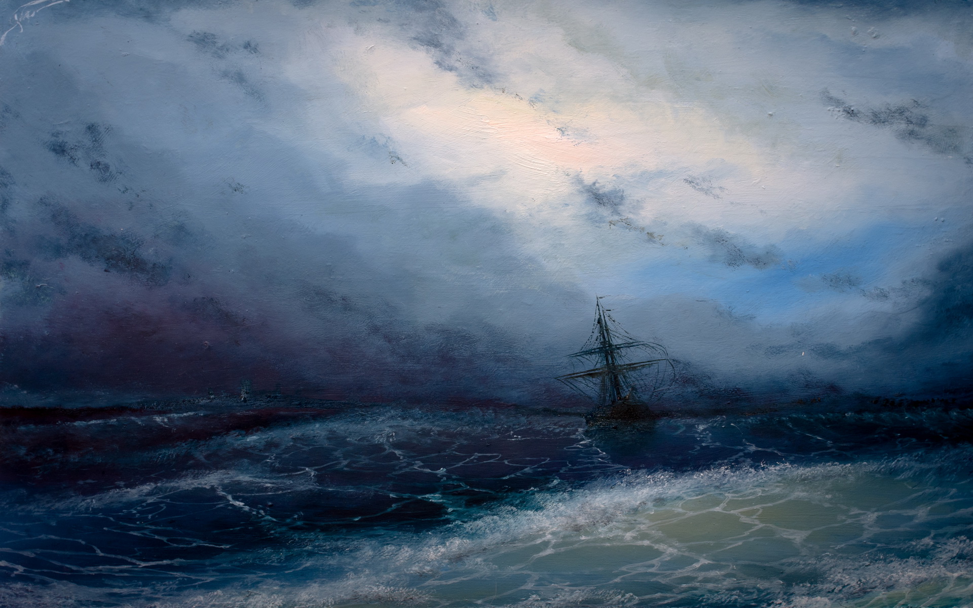 Download mobile wallpaper Sea, Boat, Painting, Artistic, Cloud for free.